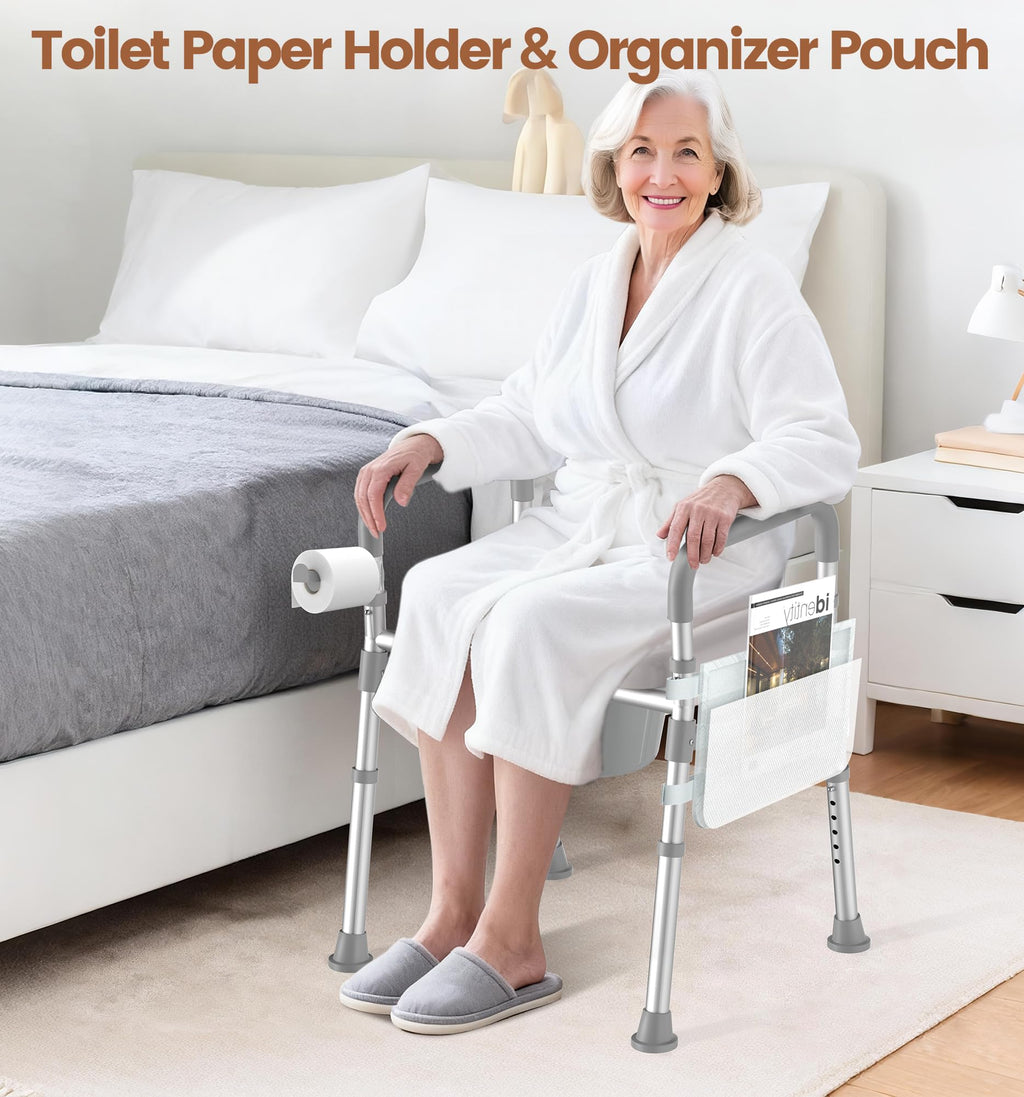 SOUNDFUSE Bedside Commode Chair with Padded Seat and Backrest, Aluminum Dual-Crossbar, Height Adjustable, Portable Toilet for Seniors and Adults, Potty Bucket and Splash Guard, 350 lbs Weight Capacity