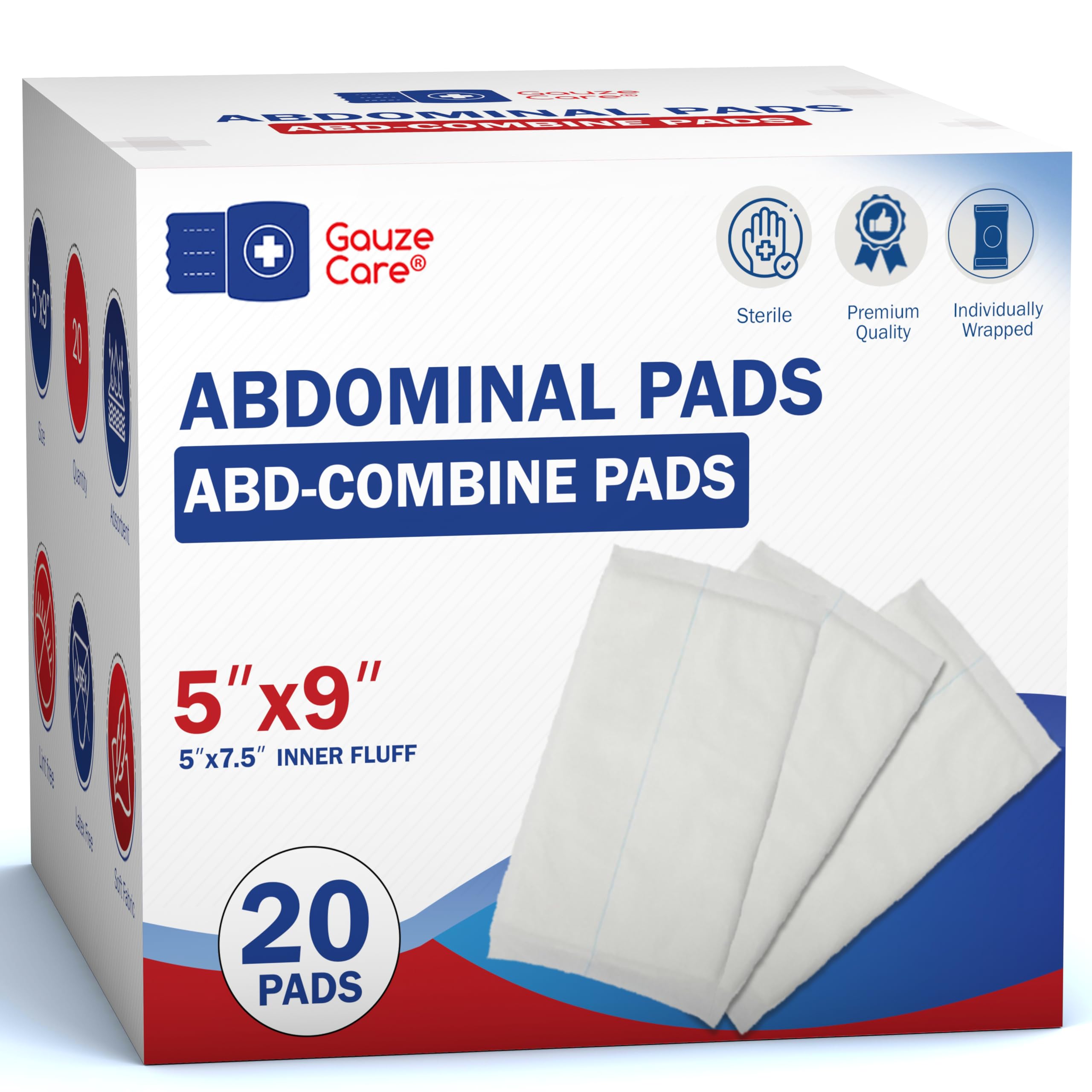 GauzeCare Sterile Abdominal Pads 5x9 inch 20-Pack | Extra Absorbent & Thick, Individually Packed Combine Pads with Non-Stick Outer Layer for Heavy Bleeding Wounds | Perfect for First Aid Kits (IFAKs)