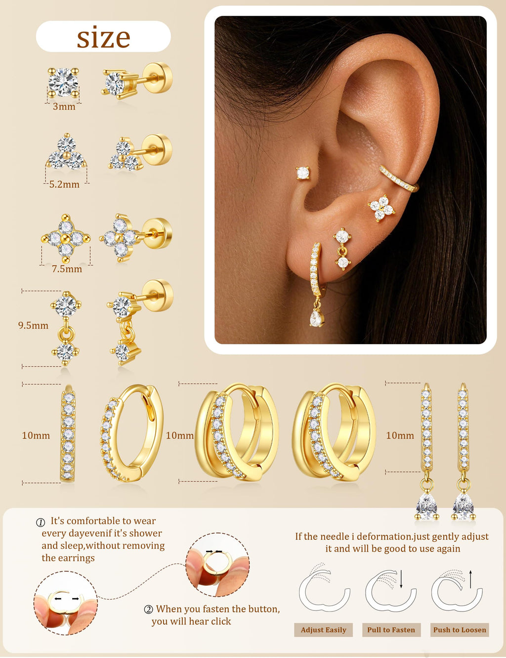 M MOOHAM Flat Back Earring Stacks for Women, Hypoallergenic 14k Real Gold Plated Hoop Stud Cartilage Earrings Stack Set Small Cute Helix Huggie Hoop Drop Earrings Trendy Jewelry Gifts for Women