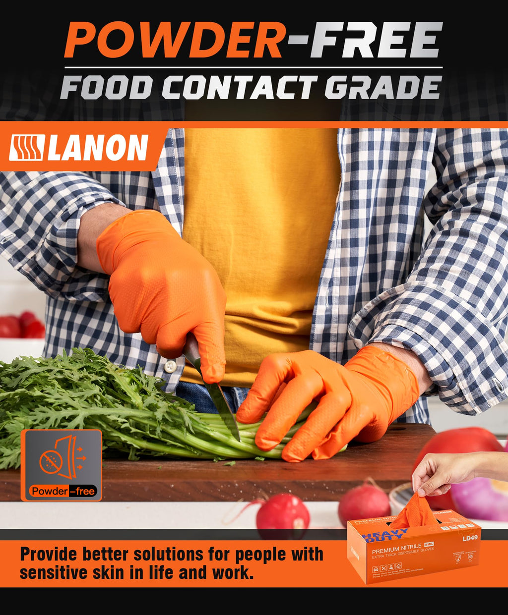 LANON 8mil Orange Disposable Nitrile Gloves, Mechanic, Heavy Duty, Food Safe, Latex Free, Powder Free, Fully-Diamond Textured, Medium