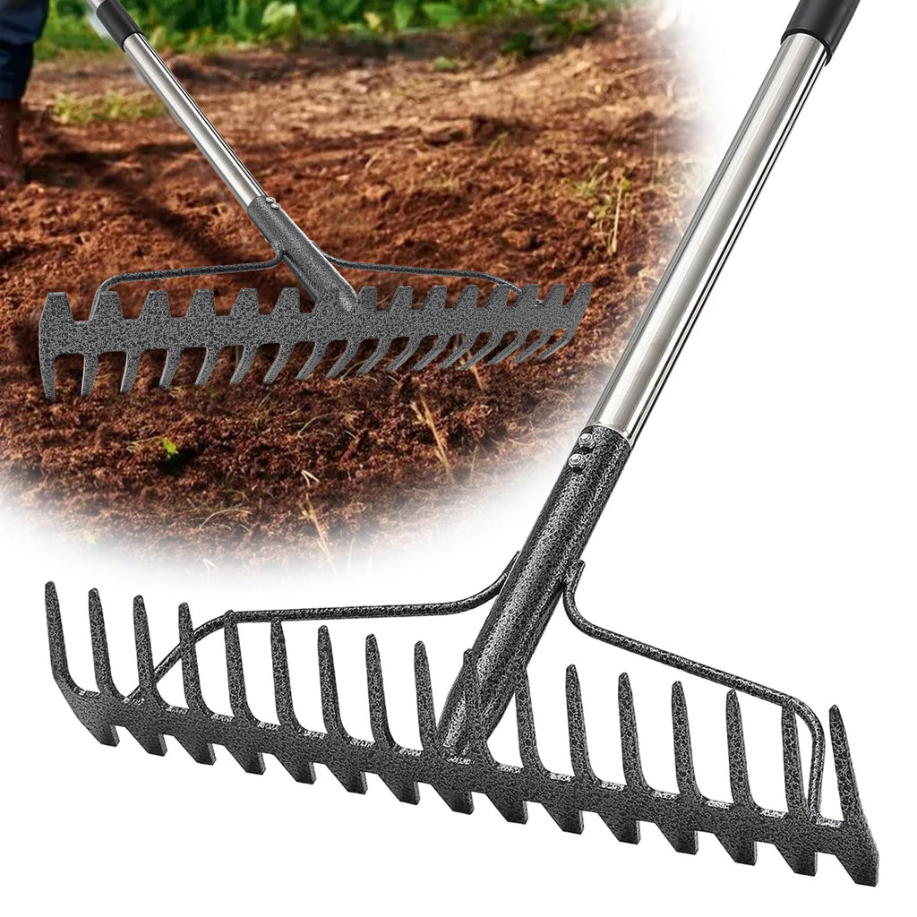 65" Heavy Duty Garden Rake Bow Rake with 17 Tines & Stainless Handle