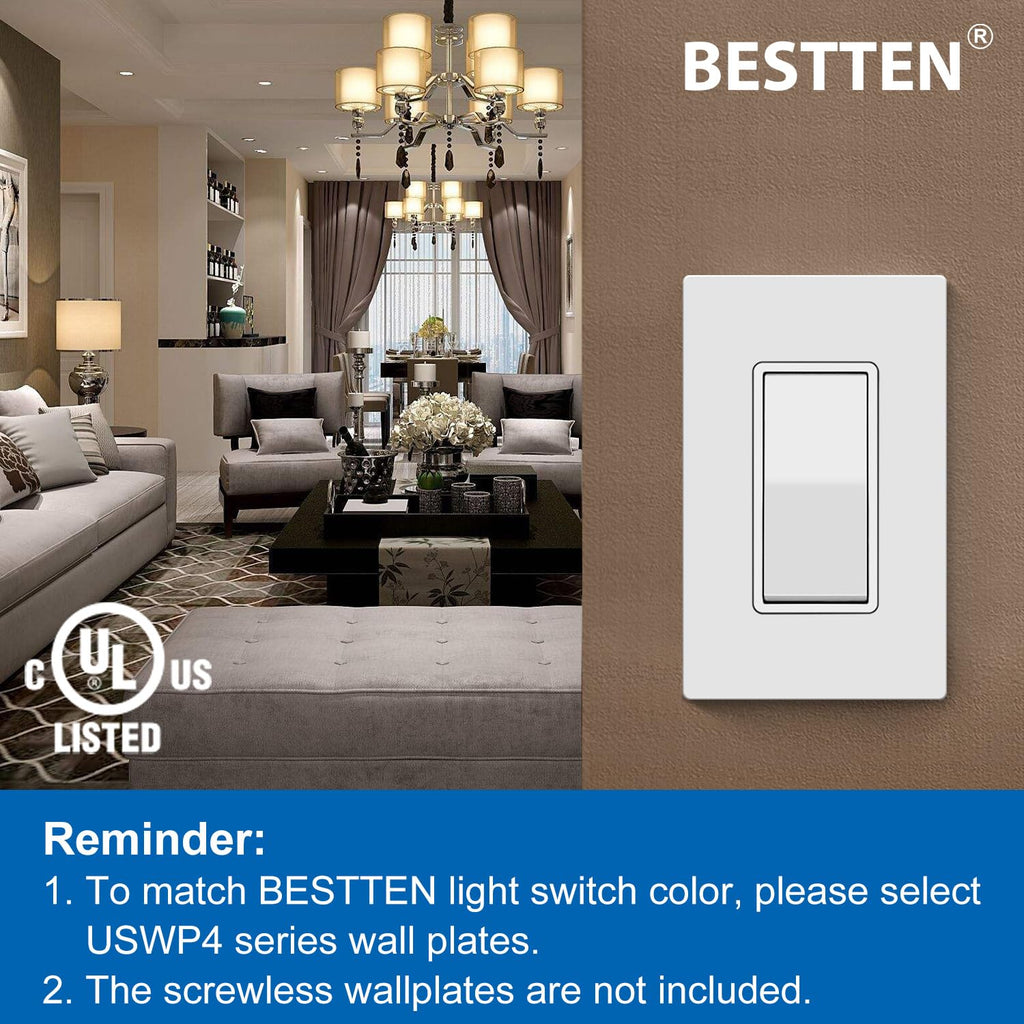 BESTTEN 40 Pack Single-Pole Light Switch, 15A 120/277V, Paddle Wall Switch, On/Off Rocker Interrupter, UL Listed, White