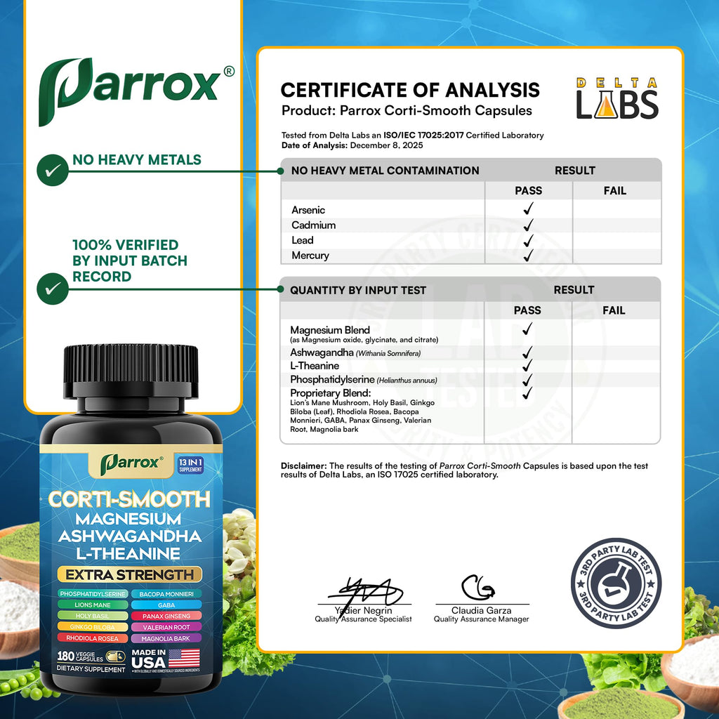 Parrox Corti-Smooth Cortisol Supplement Magnesium, L-Theanine, Ashwagandha, Magnolia Bark, Panax Ginseng, Bacopa Monnieri, GABA, Lions Mane, Ginkgo Biloba, Phosphatidylserine, Valerian Root (180 Caps)
