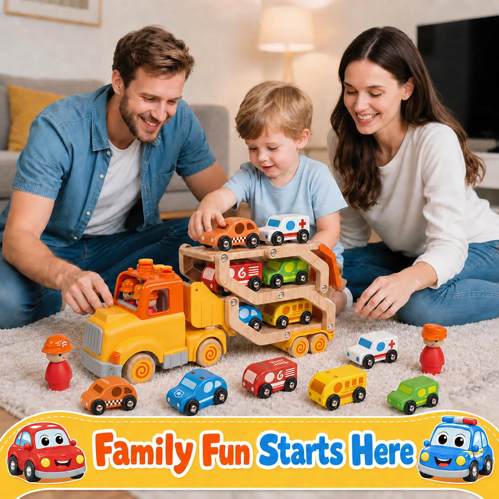 Toddler Toys for 2 3 4 5 Years Old Kids, Transport Car Carrier Truck Toy with 6 Wooden Vehicle, 30in Foldable Track Trailer with Light & Sound Effects, Best Gift Choice for Christmas, Birthday