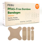 FEBU Eco-Friendly Bamboo Fabric Bandages | PFAS Free Bandages for Scrapes & Cuts | Flexible Fabric Bandage | Fully Compostable, Latex Free Bandage | 200 Count Bulk Variety