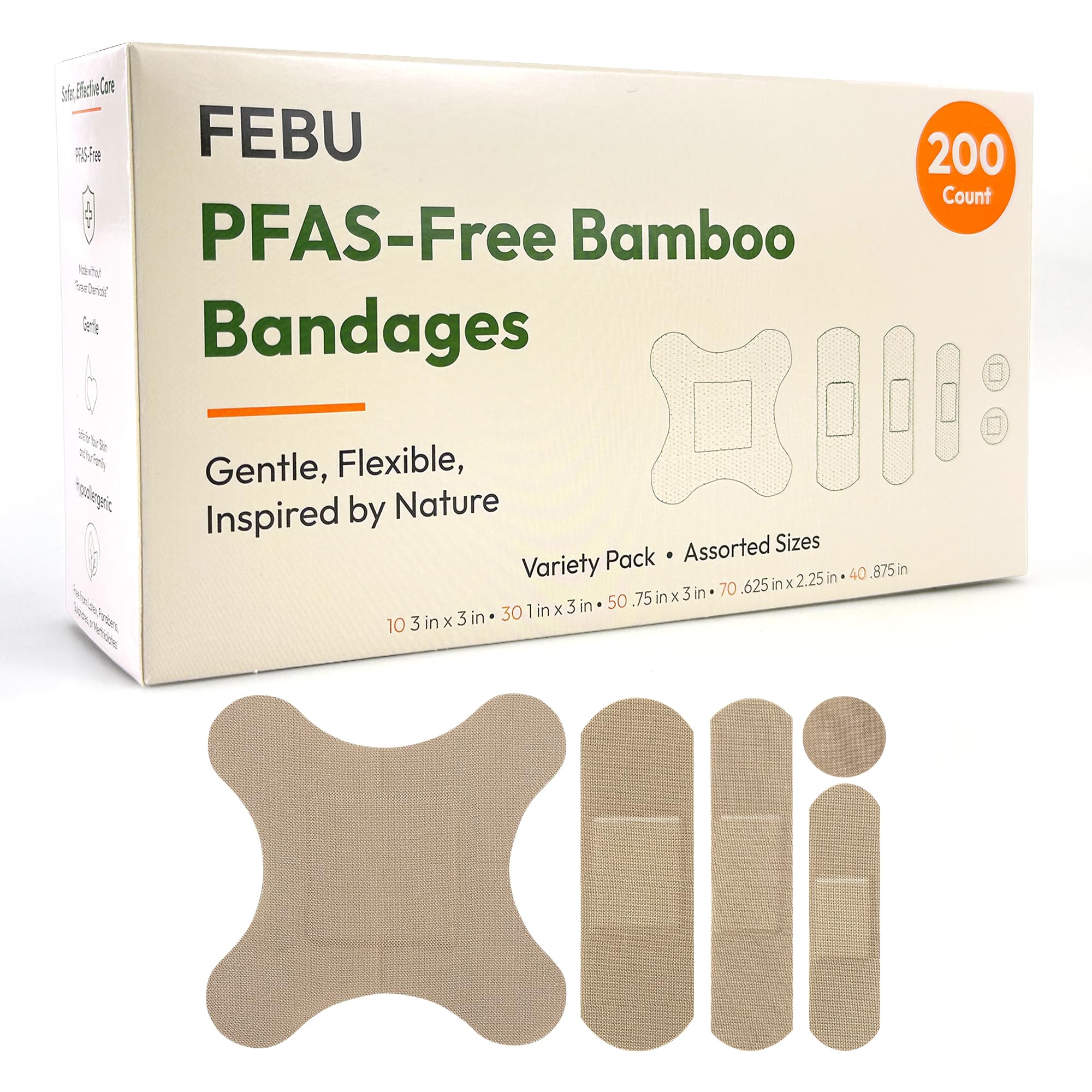 FEBU Eco-Friendly Bamboo Fabric Bandages | PFAS Free Bandages for Scrapes & Cuts | Flexible Fabric Bandage | Fully Compostable, Latex Free Bandage | 200 Count Bulk Variety