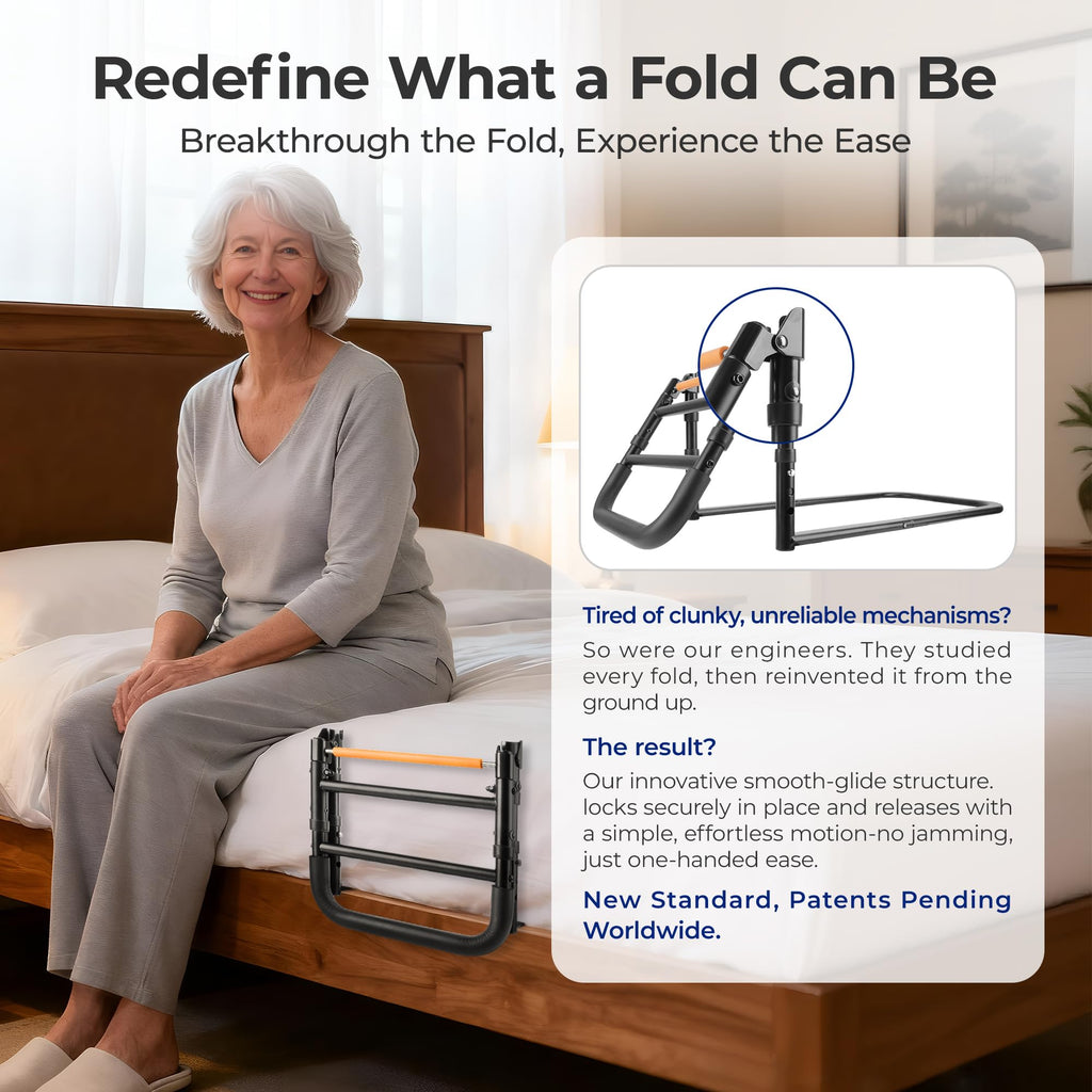 NIMOOD C1 Fold Bed Rails for Elderly Adults Safety - Foldable Bed Assist Rail with Adjustable Height, Tool-Free Folding, Sturdy up to 350 Lbs, Bed Cane Fits King Queen Twin Beds