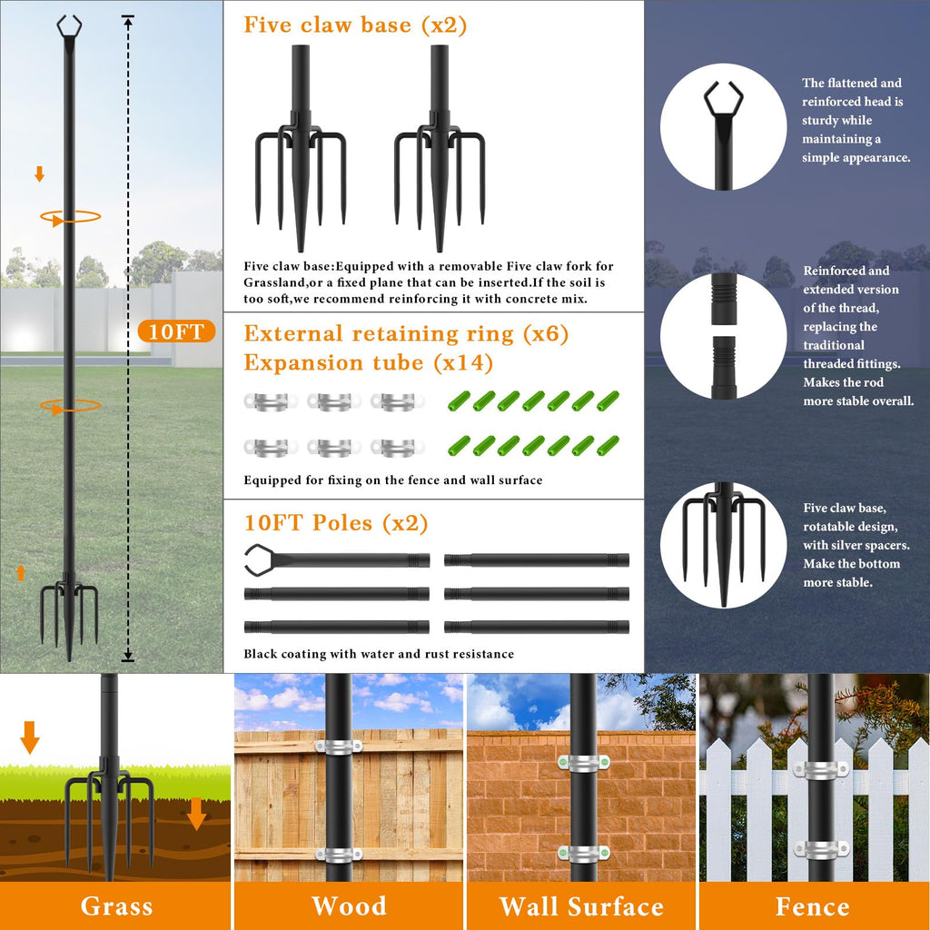 Mutovlin 2 Pack String Light Poles,10 Ft Light Poles for Outside String Lights,Outdoor Lights Pole with Fork,Metal Poles Stand for Patio Deck Backyard (10FT 2 Pack)