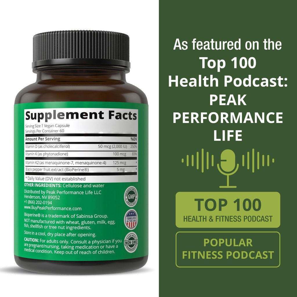Peak Performance Advanced Vitamin D 2000 IU with All 3 Types of Vitamin K Vitamin D3 and Vitamin K2, K1, MK-7 (MK7), MK4 Supplements - 60 Small and Easy to Swallow Vegetable Pills