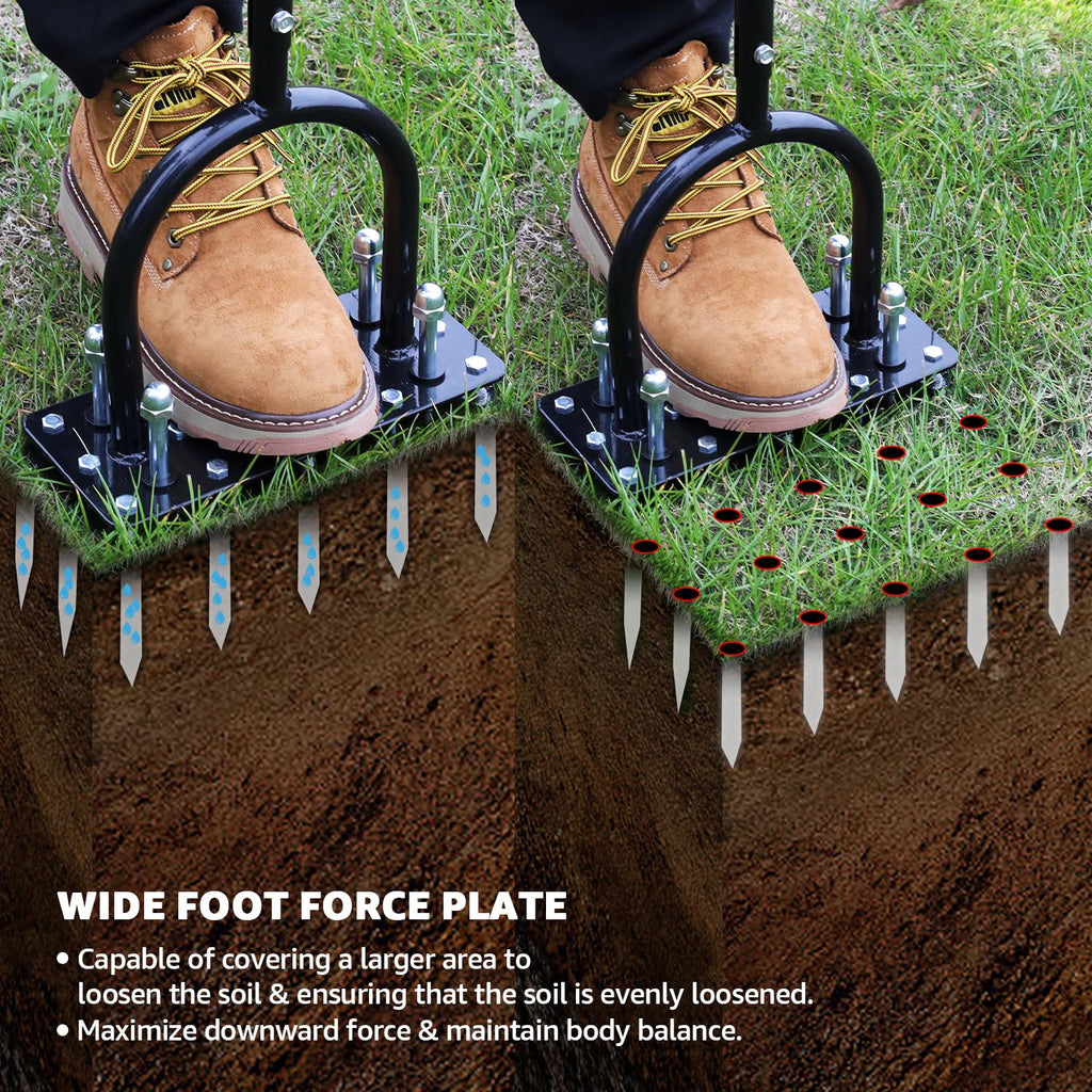 RIFPOD Lawn Aerator, Automatic Dirt and Leaf Clean Design, Heavy Duty Manual Lawn Aerator Tool with 15 Iron Spikes, Height Adjustable, Yard Grass Aerator for Lawn(Black)