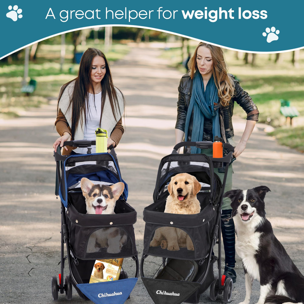 Pet Stroller,Dog Stroller for Small Medium Dogs Cats,3 Wheels,Foldable,with Breathable Mesh Canopy,Cup Holders,Easy Assembly,Green