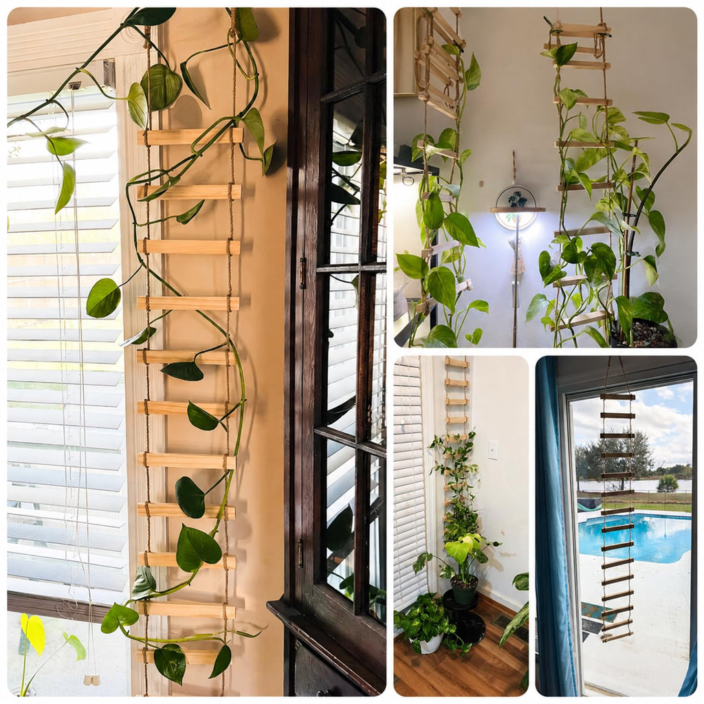 Wooden Ladder Plant Trellis for Climbing Plants – 6ft Extra Tall Indoor & Outdoor Hanging Wall Wooden Trellis Garden Plant Support, Easy to Install for Vines, Ivy, Pothos, Potted Plants