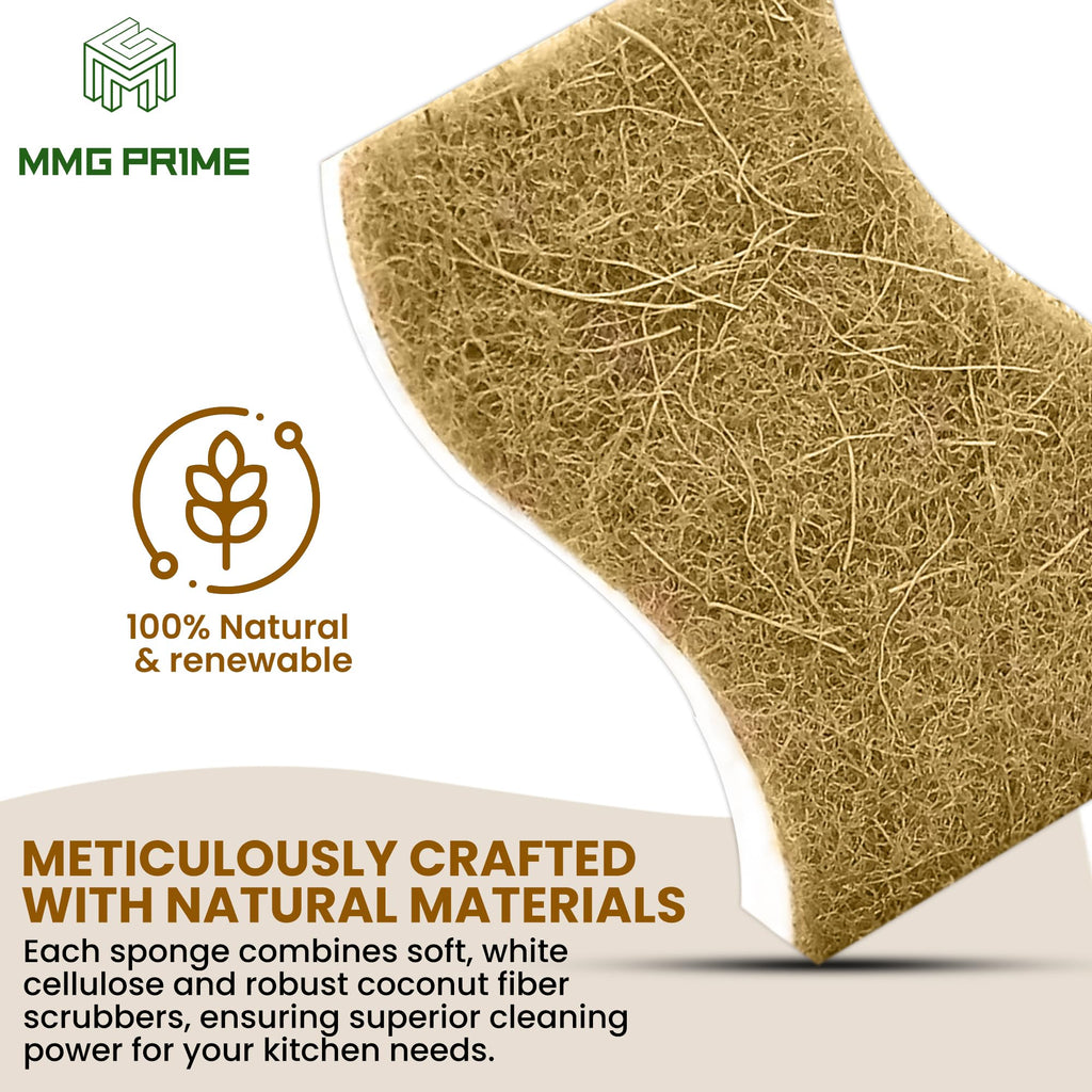 MMG Prime Natural Kitchen Sponge –24-Pack Biodegradable Sponges for Dishes –Compostable Dish Washing Scrubbers – Eco Friendly Non-Scratch Cellulose & Coconut Husk Scrubber Sponges for Cleaning