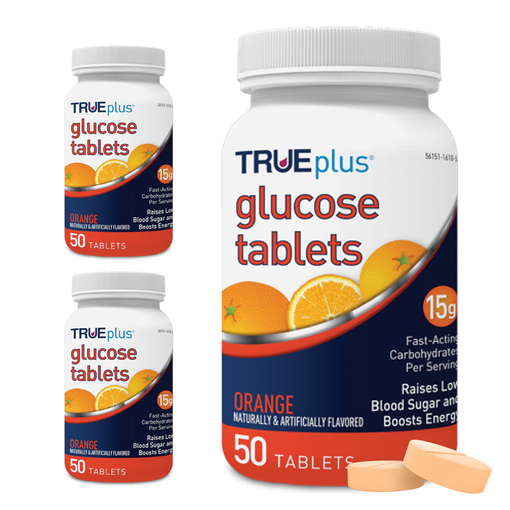 TRUEplus Glucose Tablets, Chewable, Orange Flavor, 15g Fast-Acting Carbohydrates, Fat Free, Gluten Free, Raise Low Blood Sugar and Boost Energy, 50 Count, 3 Bottles
