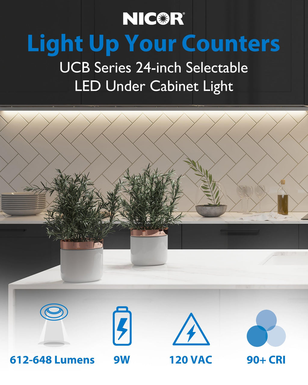 24” LED Direct Wire Under Cabinet Light - Dimmable Undercounter LED Lights for Kitchen - Selectable CCT 2700K-5000K, 612-648 Lumens, 9W - UCB Series Hardwired Under Cabinet Lighting by NICOR Lighting