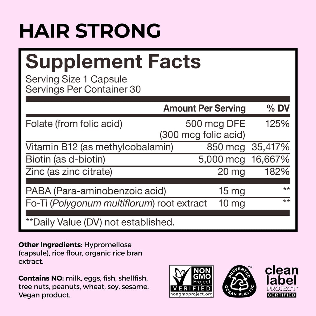 HUM Hair Strong Daily Hair Growth Supplement with Biotin, Zinc, Vitamin B12 to Support Growth, Folic Acid & Vitamin B12 Vitamins for Healthy Hair Support for Women and Men, 30 Vegan Capsules