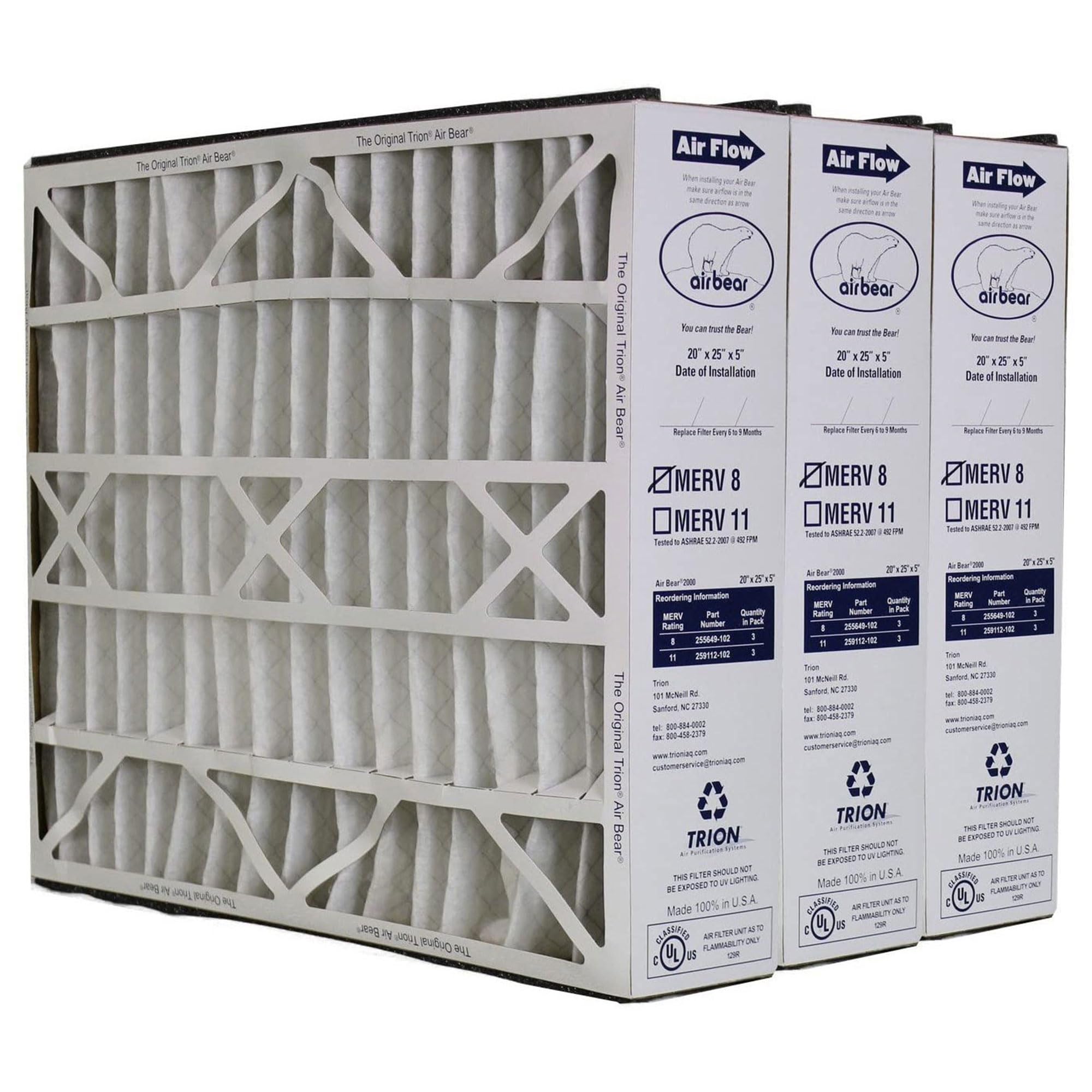 Trion 255649-102 Air Bear 20 x 25 x 5 Inch MERV 8 High Performance Air Purifier Filter Replacement for Air Bear Supreme, Right Angle, and Cub Air Cleaner Purification Systems (3 Pack)