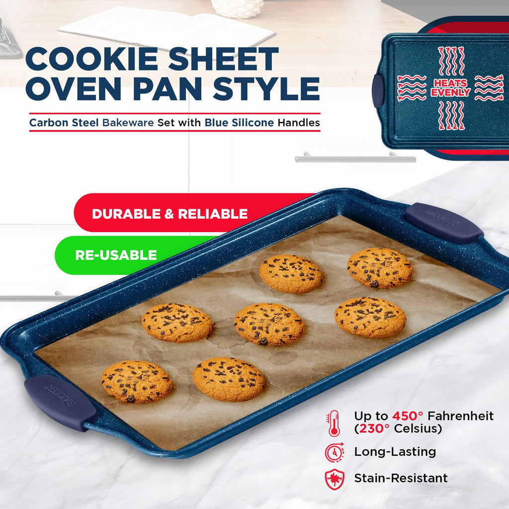 BAKKEN Kitchen Baking Pan Set - Nonstick Coating, Carbon Steel Bakeware Sets with Blue Silicone Handles, Baking Kitchen Essentials, PFOA, PFOS, PTFE Free, Oven Safe Tray (Up To 450° F), Set of 6