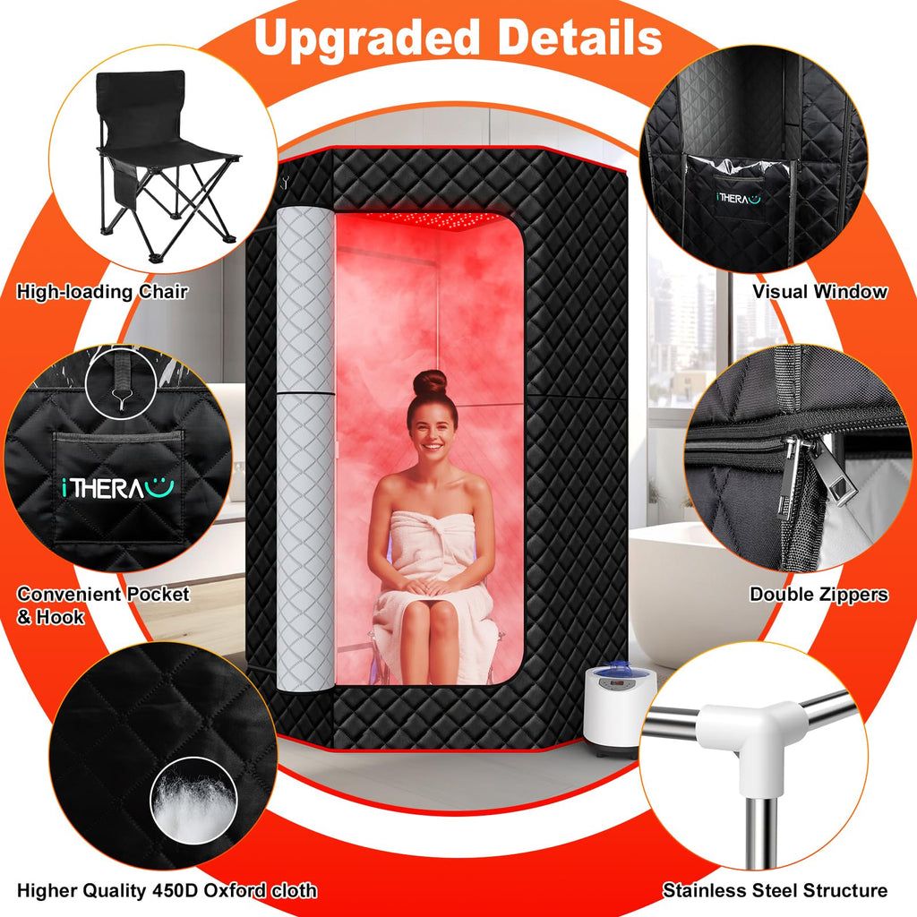 I-THERA-U XL Infrared Sauna Box with True 660 & 850nm Red Light Therapy Lamp, Portable Red Light Sauna for Home, Full Body Steam Tent with 3L 1200w Steamer, 15 Levels Heat, Chair, Remote