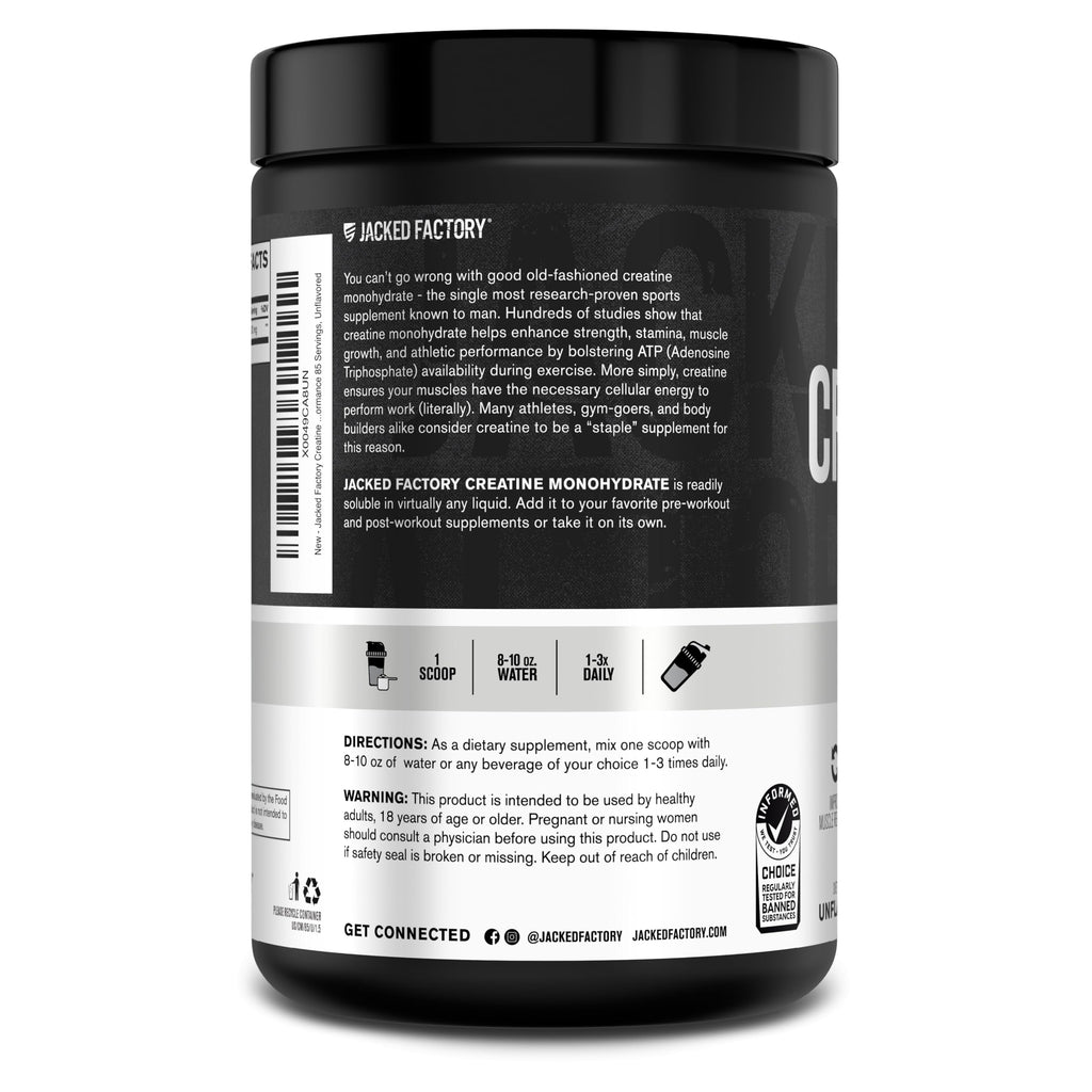 Jacked Factory Creatine Monohydrate Powder 425g - 5g Daily Creatine Supplement for Men and Women, Vegan-Friendly, Third-Party Tested - 85 Servings, Unflavored