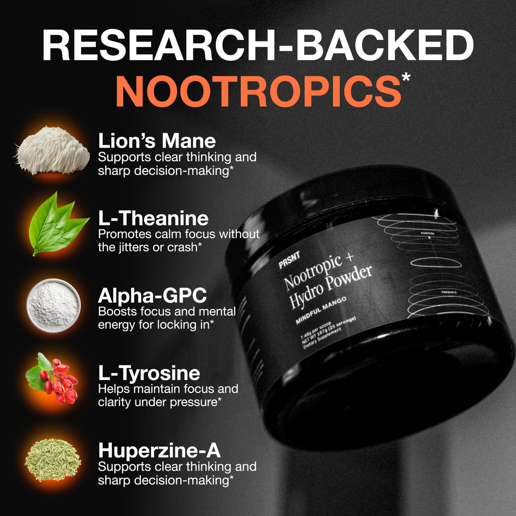 PRSNT Nootropic Focus Powder | Mango 25 Servings | Caffeine-Free, Sugar-Free | Supports Focus, Energy, Mental Clarity | Nootropic + Electrolytes Hydration Focus Drink Mix