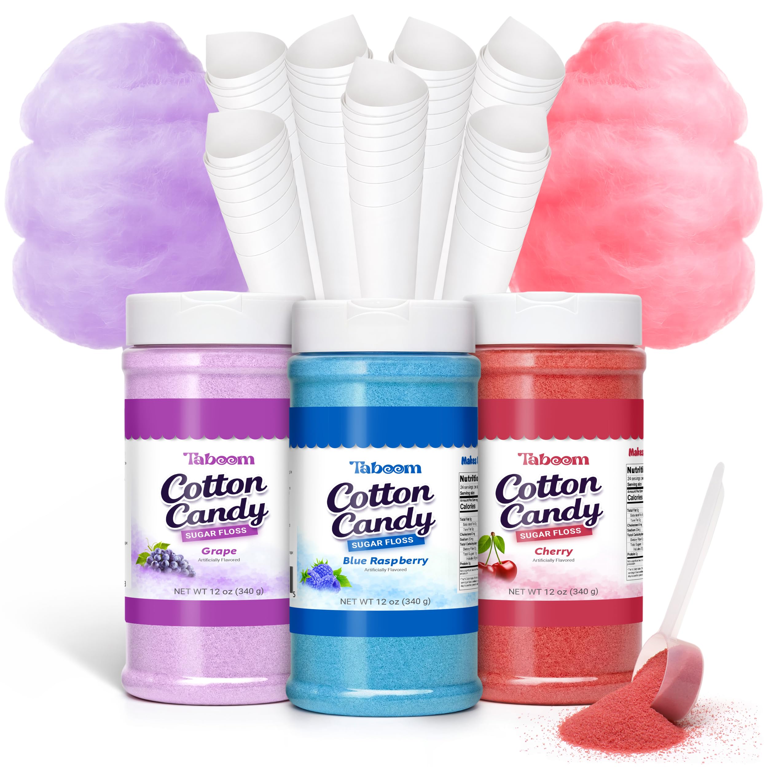 Cotton Candy Sugar Floss Variety Pack - Grape, Raspberry & Cherry Flavors, 3 Bottles (12oz Each) Includes 55 Cotton Candy Cones for Home & Commercial Cotton Candy Machines, Parties, Carnivals & Events