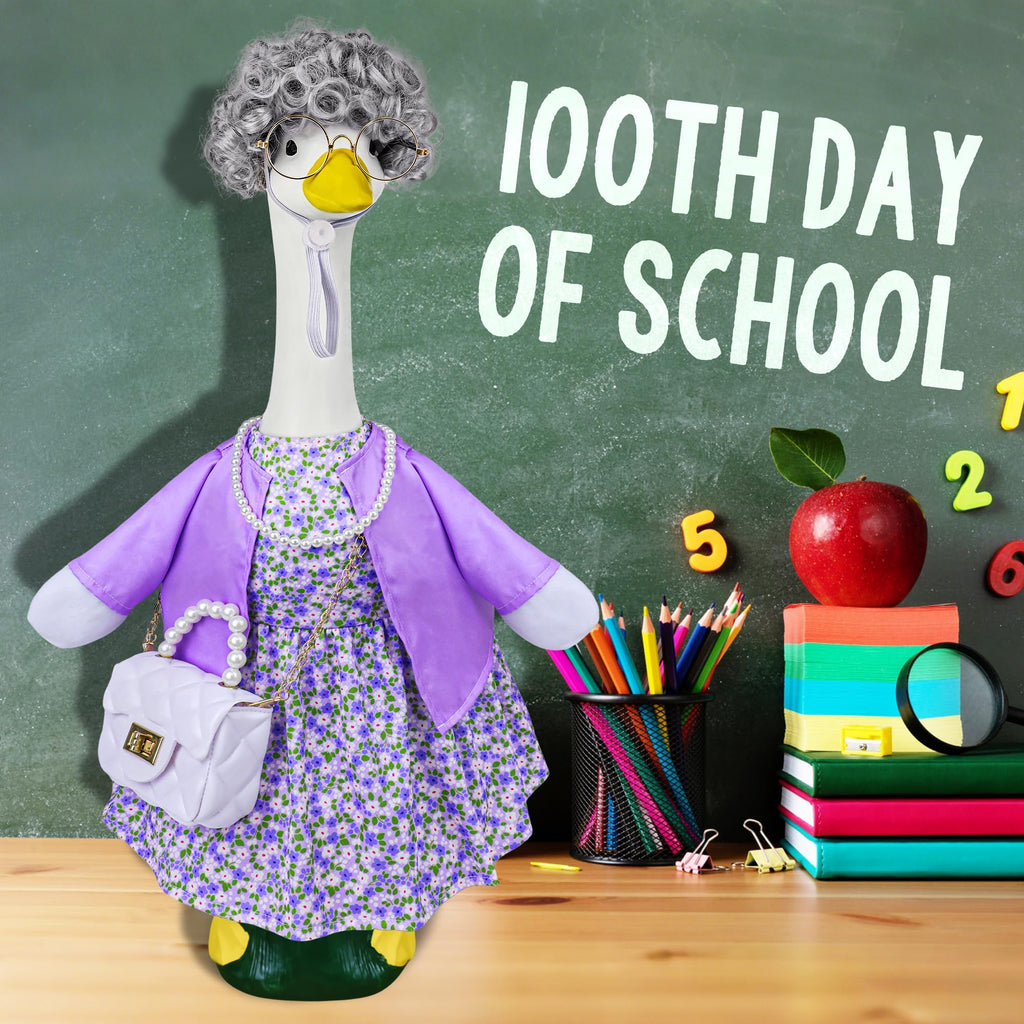 Ueyben Old Lady Porch Goose Outfits, 100 Days Grandma Wigs with Goose Clothes for 23" Lawn Cement Plastic Geese Statues for Garden Yard Holiday Decoration
