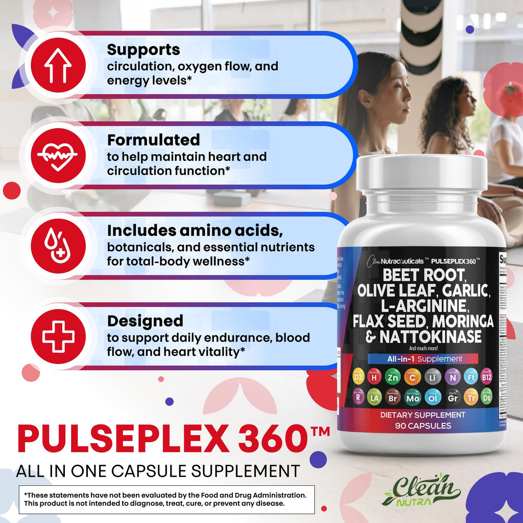 Clean Nutraceuticals Beet Root Capsules Olive Leaf Nattokinase Garlic Extract L-Arginine Omega 3 Red Yeast Rice Hibiscus Danshen - Healthy Support Supplement - 90 Ct