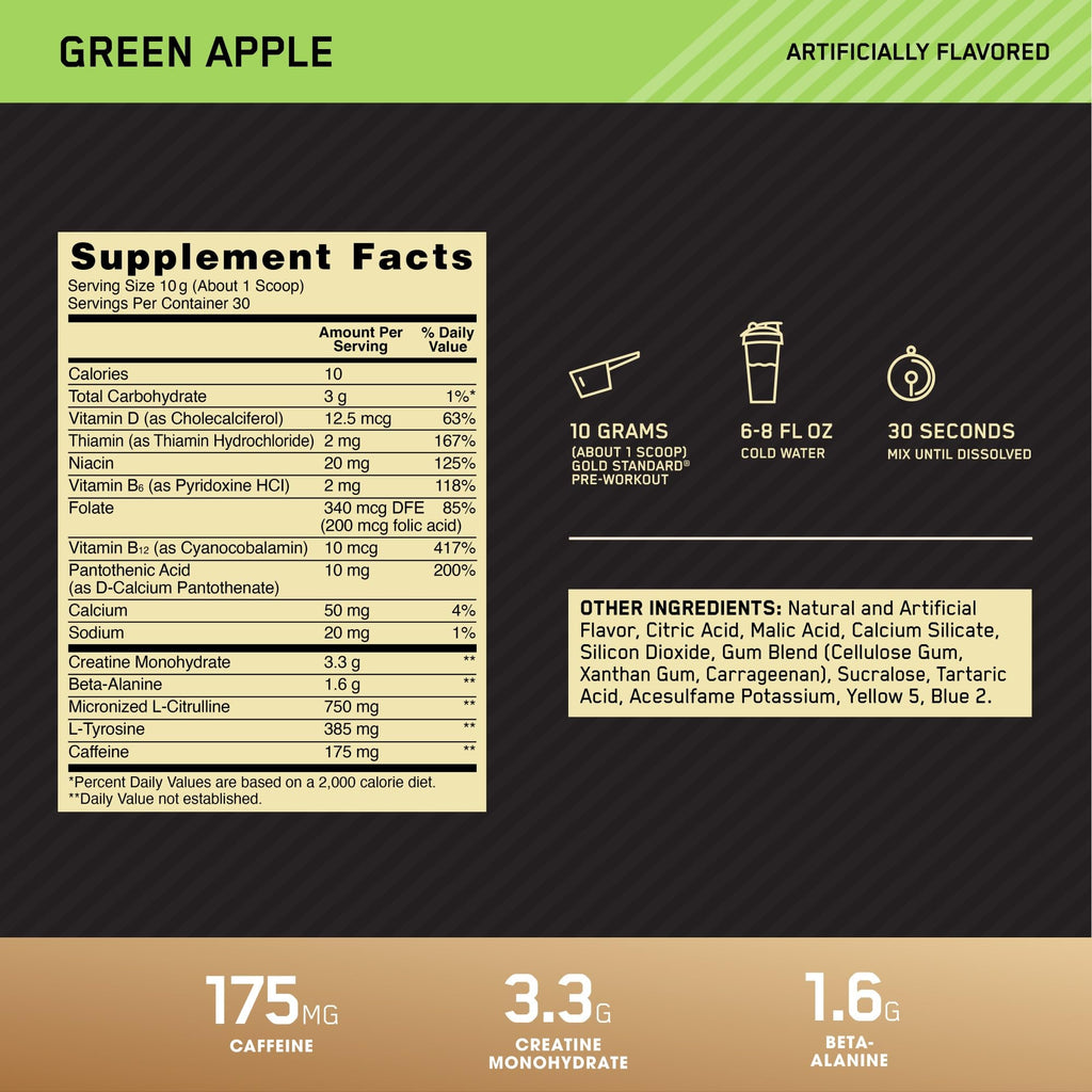 Optimum Nutrition Gold Standard Pre Workout with Creatine,Beta-Alanine,and Caffeine for Energy,Flavor: Green Apple,30 Servings (Packaging May Vary),(Pack of 2)