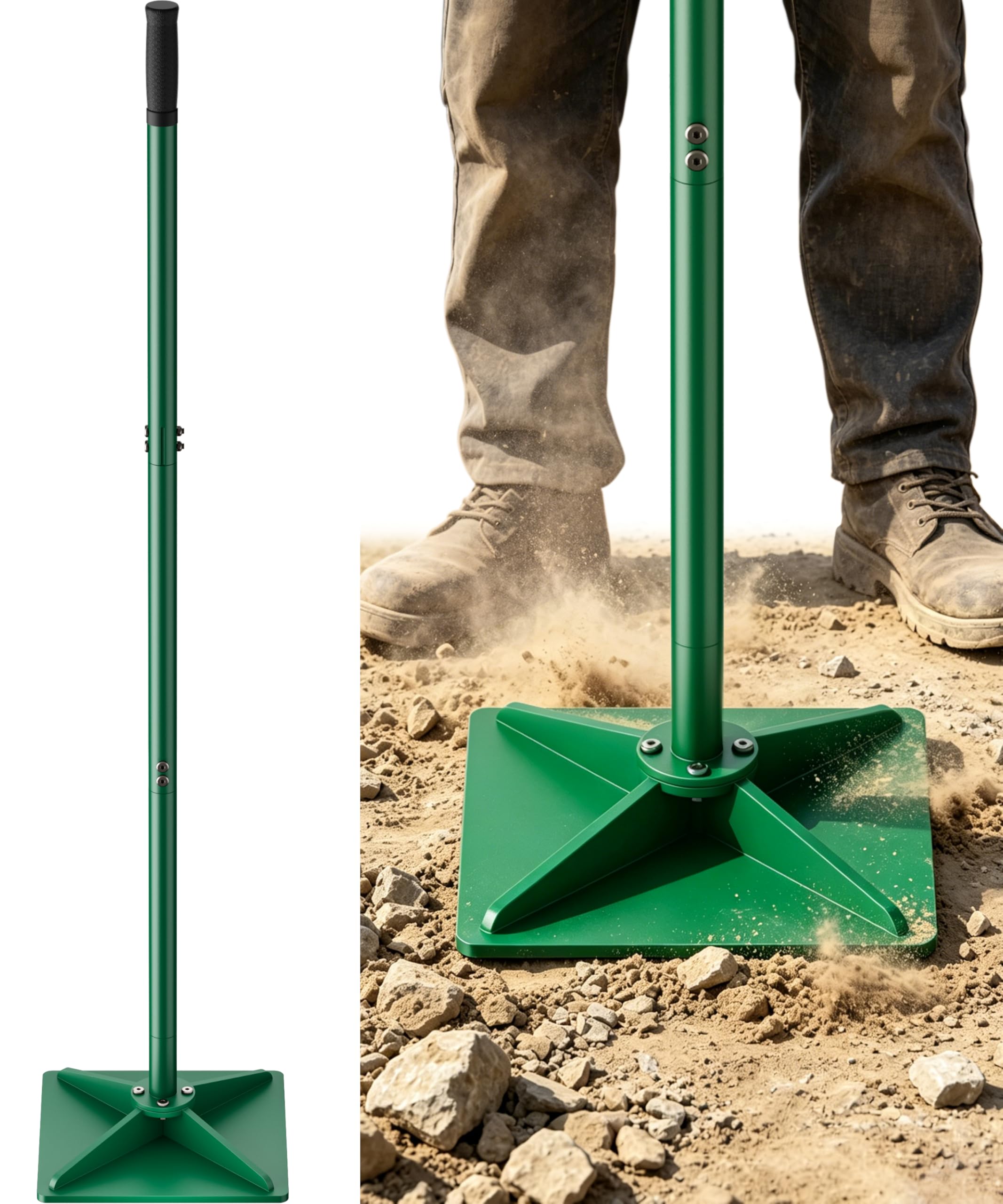 Tigerden Heavy Duty Steel Hand Tamper, 8"x8" Soil Plate Compactor with 44" Adjustable Handle & Rubber Grip, Anti-Loose Ladscaping Tools for Ground, Gravel, Dirt, Sand, Asphalt, Pavers, Blacktop, Green
