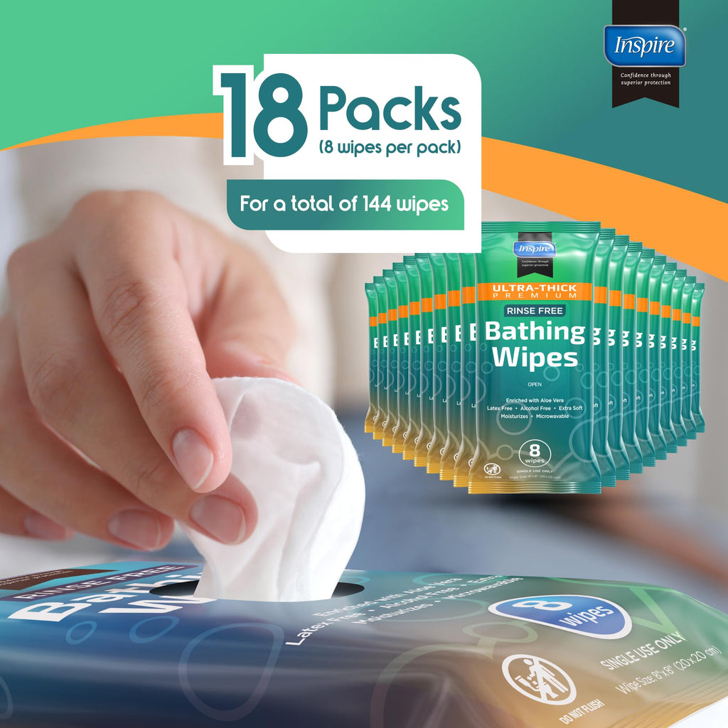 Inspire Ultra Thick Rinse Free Body Wipes, Bathing Wipes, Rinse Free Wet Wipes, Thick Strong Extra Large With Aloe Vera Enriched