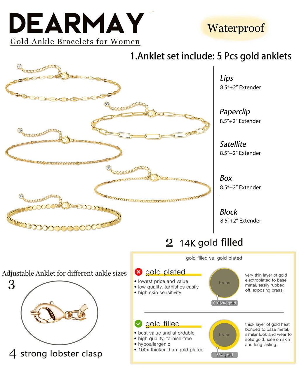 Dainty Gold Anklets for Women Waterproof