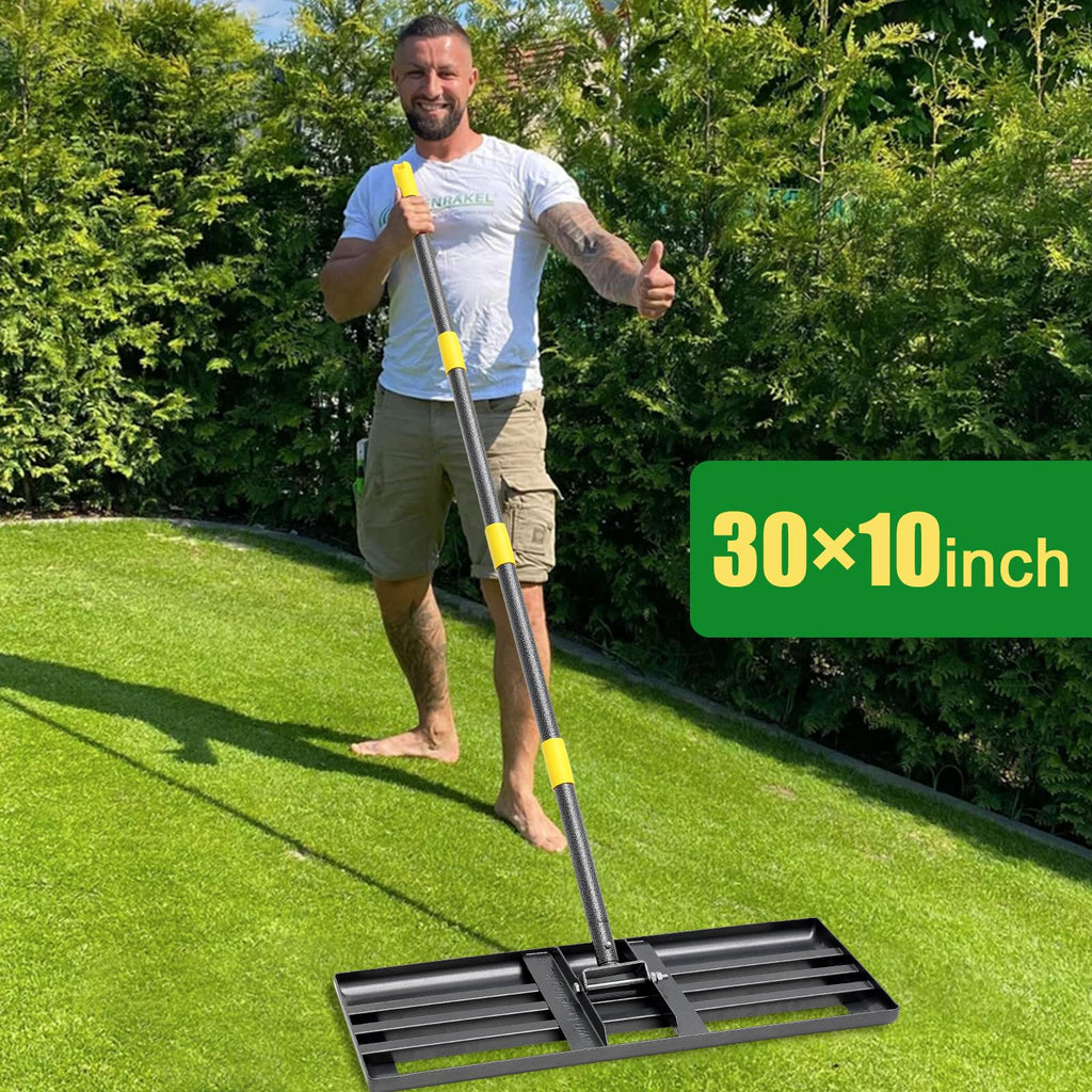 Lawn Leveling Rake - Heavy Duty 30"x10" Stainless Steel Leveler Plate,Reinforced Welds,28-60" Adjustable, Anti Flipping Smooth Edge,for Soil, Dirt,Ground,Yard Top Dressing,Landscaping