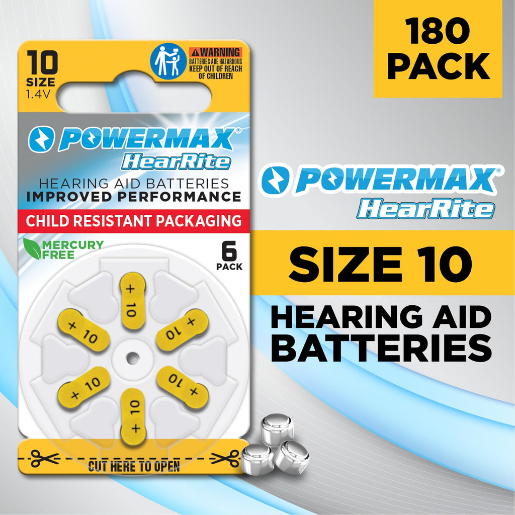 Powermax Size 10 Hearing Aid Batteries, 180 Count Long-Lasting Battery Pack, Yellow Long Tab for Easy Change
