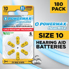 Powermax Size 10 Hearing Aid Batteries, 180 Count Long-Lasting Battery Pack, Yellow Long Tab for Easy Change