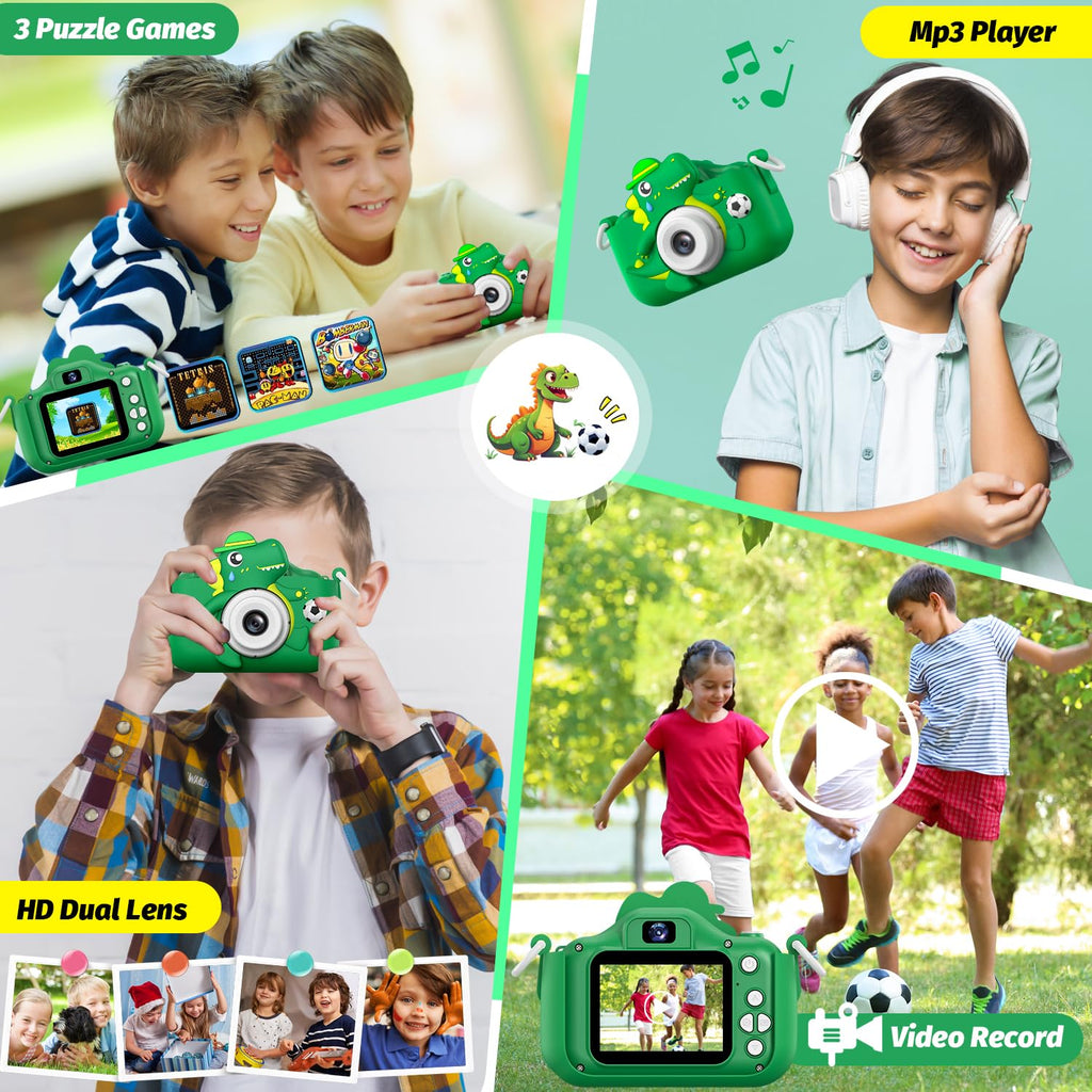 Dinosaur Kids Camera for Boys Girls, Toddler Digital Selfie Camera with Cute Protective Cover and SD Card, Christmas Birthday Gifts Toys for 3 4 5 6 7 8 9 10 11 12 Years Old Little Girls and Boys