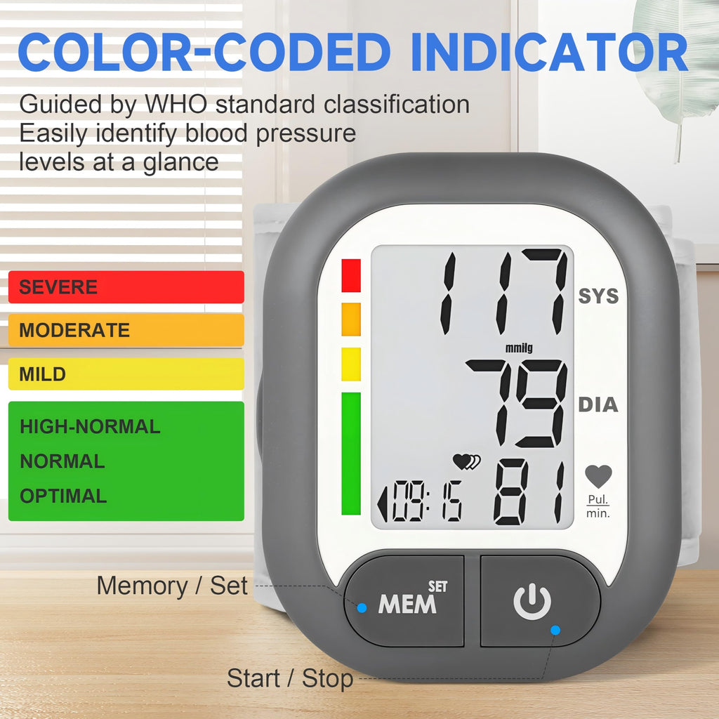 BENECEN Blood Pressure Monitor Adjustable Wrist Cuff for Home Use Automatic BP Machine Large Digital LCD Display 199 Memory Batteries Included with Carrying Case, Grey
