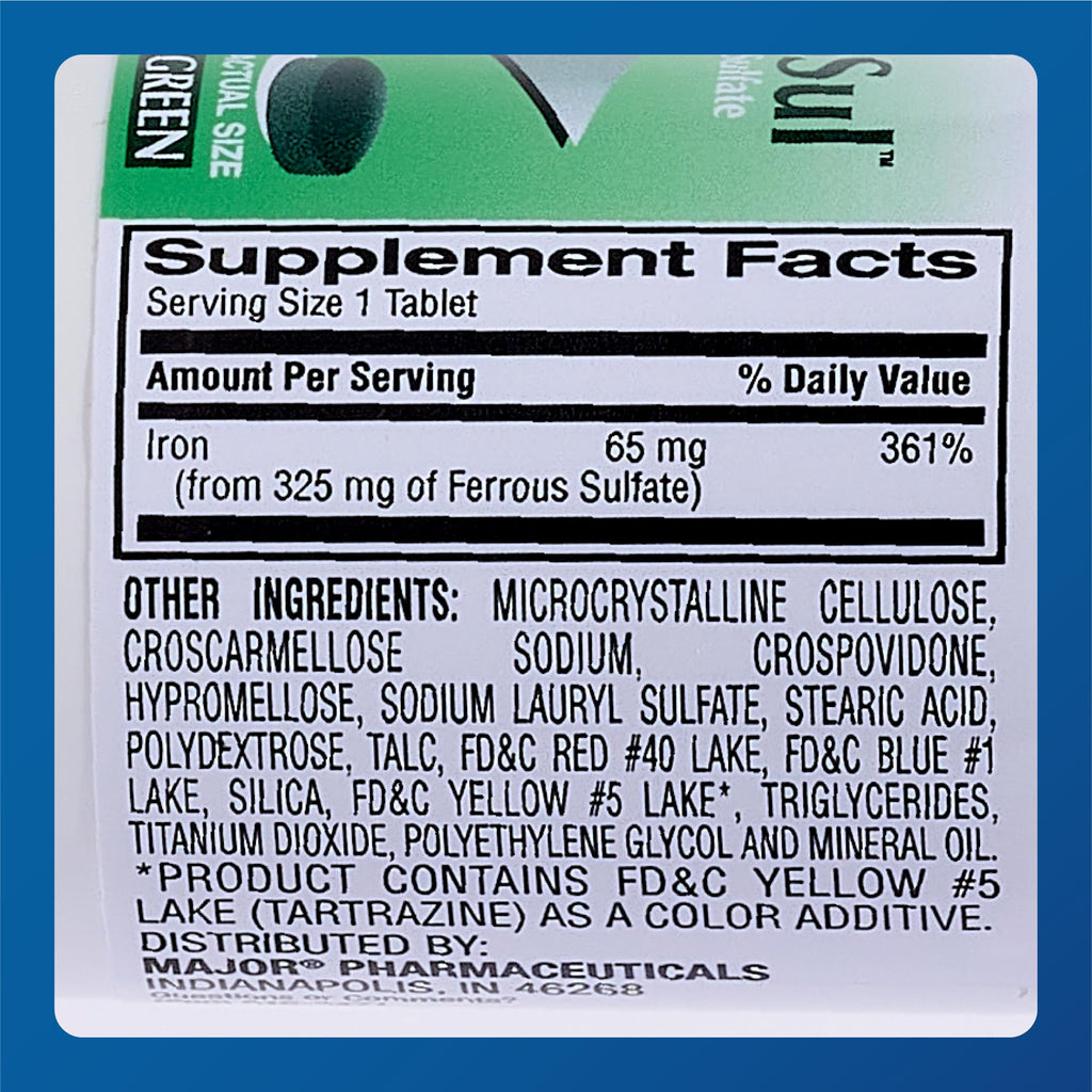 Major Ferosul - Ferrous Sulfate 325mg Tablets with 65mg of Elemental Iron - Iron Supplement for Women, Men - Green - 100 Tablets (6 Pack)