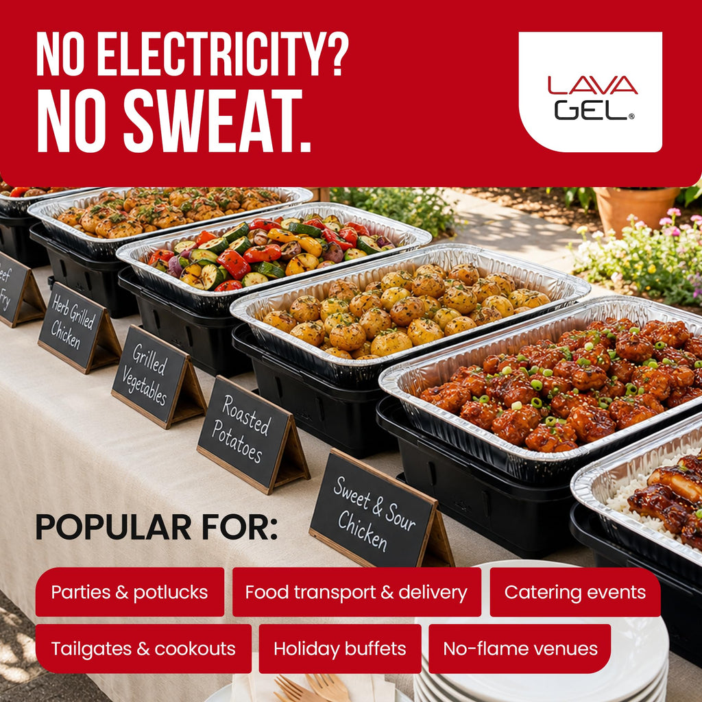 Lava Gel Self-Heating Buffet Kit – Flameless Food Warmer Set for Parties – Includes 4 Trays, 4 Half-Size Heat Pads & Foil Pans – Keeps Hot Food Hot for up to 3 Hours – Gel Fuel Can Alternative