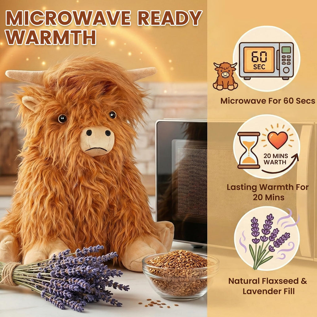 SuzziPals Heatable & Coolable Highland Cow Stuffed Animals Plushie, Microwavable Heating Pad for Soothing & Relaxation, Lavender Scented Cattle Plush Toys for Stress Relief, Stuffed Cow Gifts
