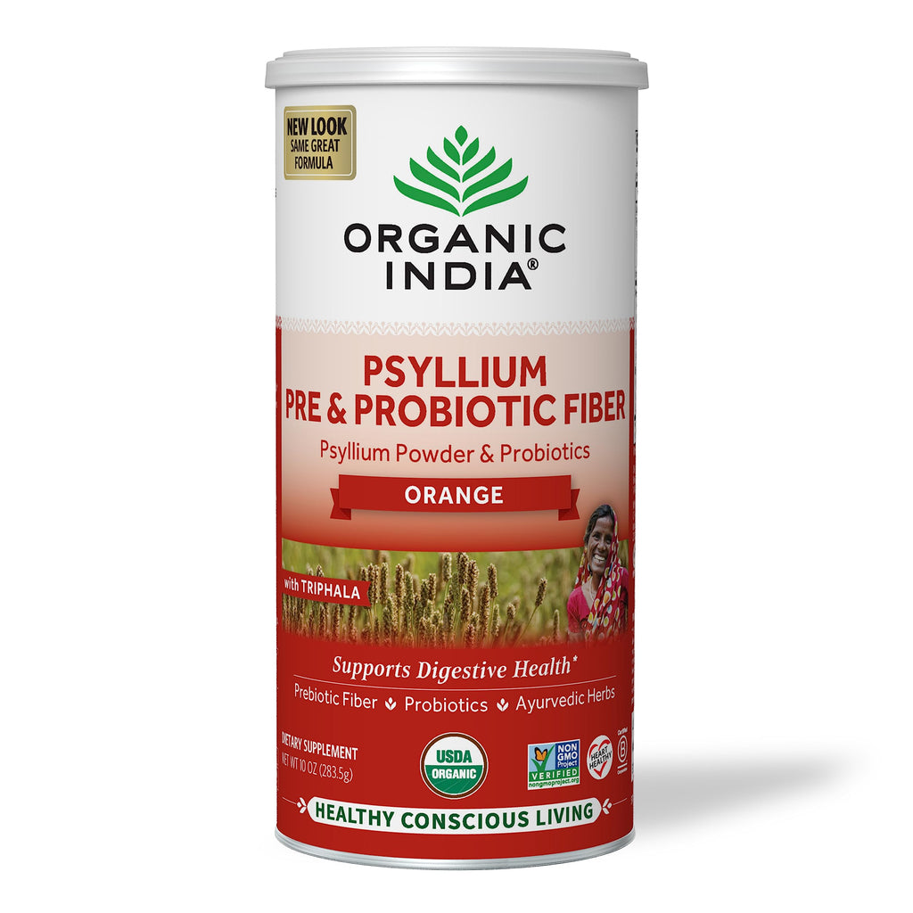 Organic India Psyllium Husk Powder - Pre & Probiotic Fiber Supplement, Organic Psyllium Husk Fiber Supplement, Dietary Fiber, USDA Organic, Vegan, Gluten Free - Orange, 10 Oz