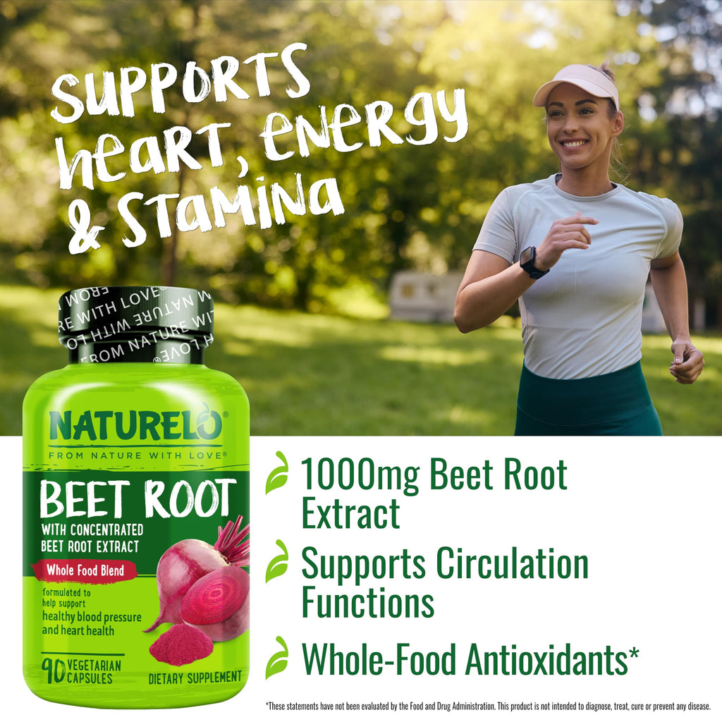 NATURELO Beet Root 90 Capsules – Heart Health & Blood Pressure Support* – 1000mg Beet Root Extract + Whole Food Blend – Non-GMO, Vegan, Gluten-Free