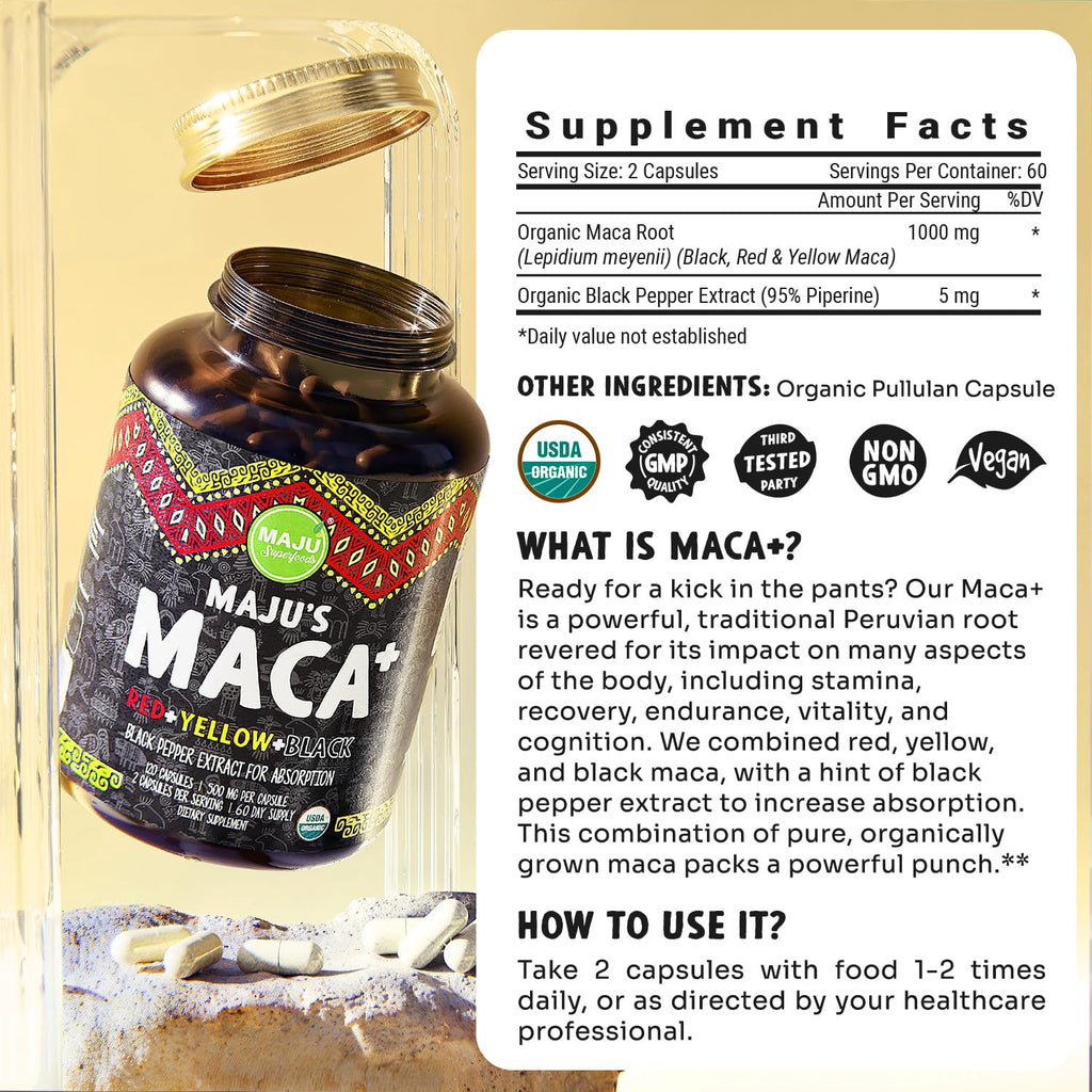 Maju Superfoods 4-in-1 Maca Root Capsules, Organic Black, Yellow & Red Roots w Black Pepper Extract for Absorption (120 ct) | Peru Product, Peruvian Powder, Men & Women Supplement, 60,000 mg