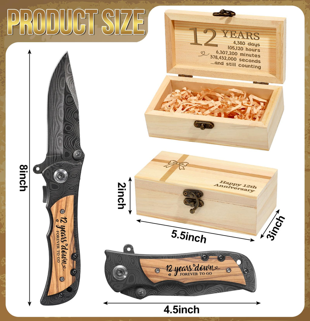 Lanties 12 Years Anniversary Keepsake Gifts for Him Engraved Pocket Knife with a Gift Box Happy Tin Anniversary Customized Wedding Birthday Father's Day Gifts for Men Husband