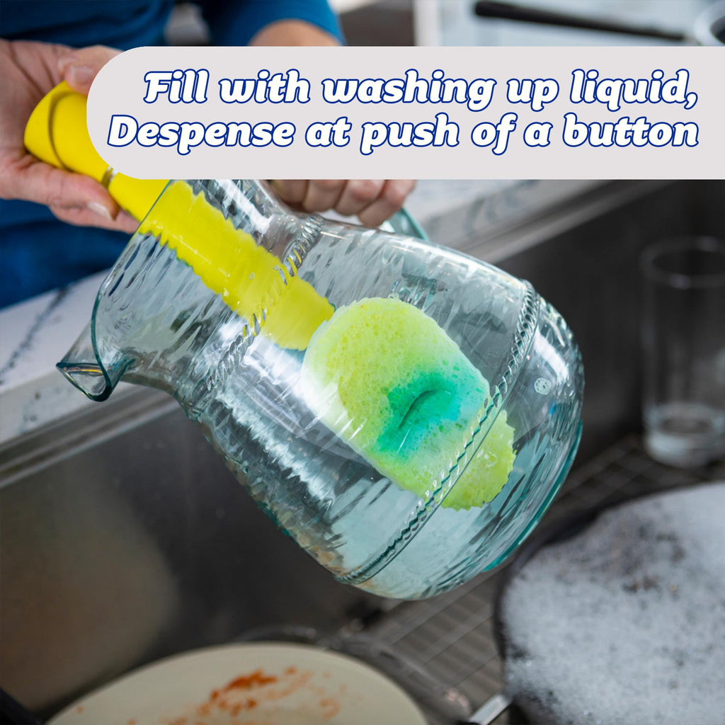 Scrub Daddy Dish Daddy Wand, Refill Heads, Sponge & Connector Head, Soap Dispensing Dish Brush, Texture Changing Washing Up Sponge with Liquid Handle, Built-in Scraper & Scrubbing Head - Yellow
