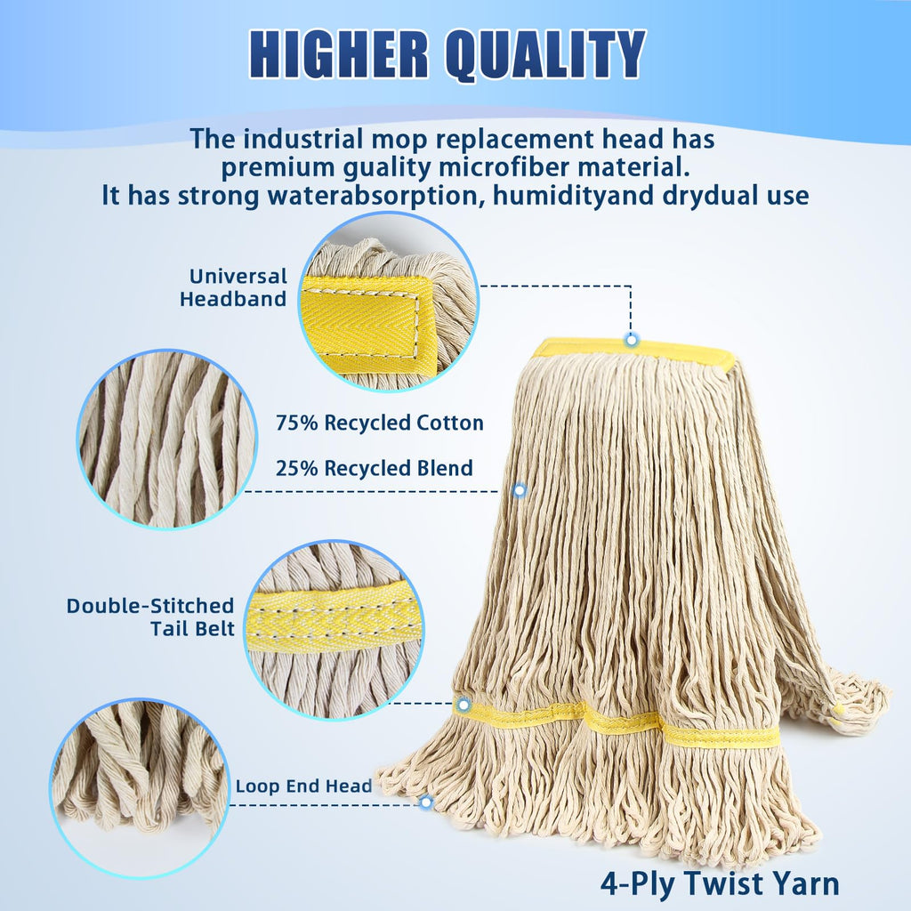 2 Pack 20ozCommercial Mop Heavy Duty Industril Cotton Mop, Cotton Commerical Industrial Grade Mop Replacements Heads for Home,mops for Floor Cleaning Heavy Duty,with 63'' Stainless Steel Mop Handle