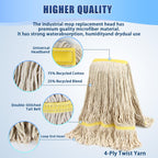 2 Pack 20ozCommercial Mop Heavy Duty Industril Cotton Mop, Cotton Commerical Industrial Grade Mop Replacements Heads for Home,mops for Floor Cleaning Heavy Duty,with 63'' Stainless Steel Mop Handle