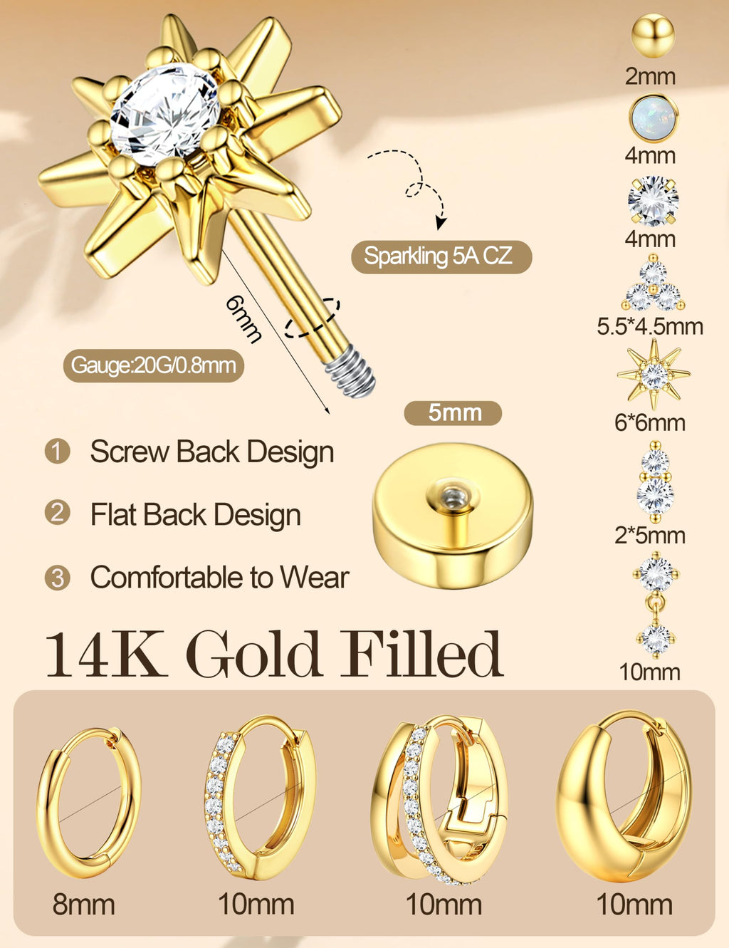 Opal Hypoallergenic Flat Back Earrings for Women Stud Hoop Earring Stacks