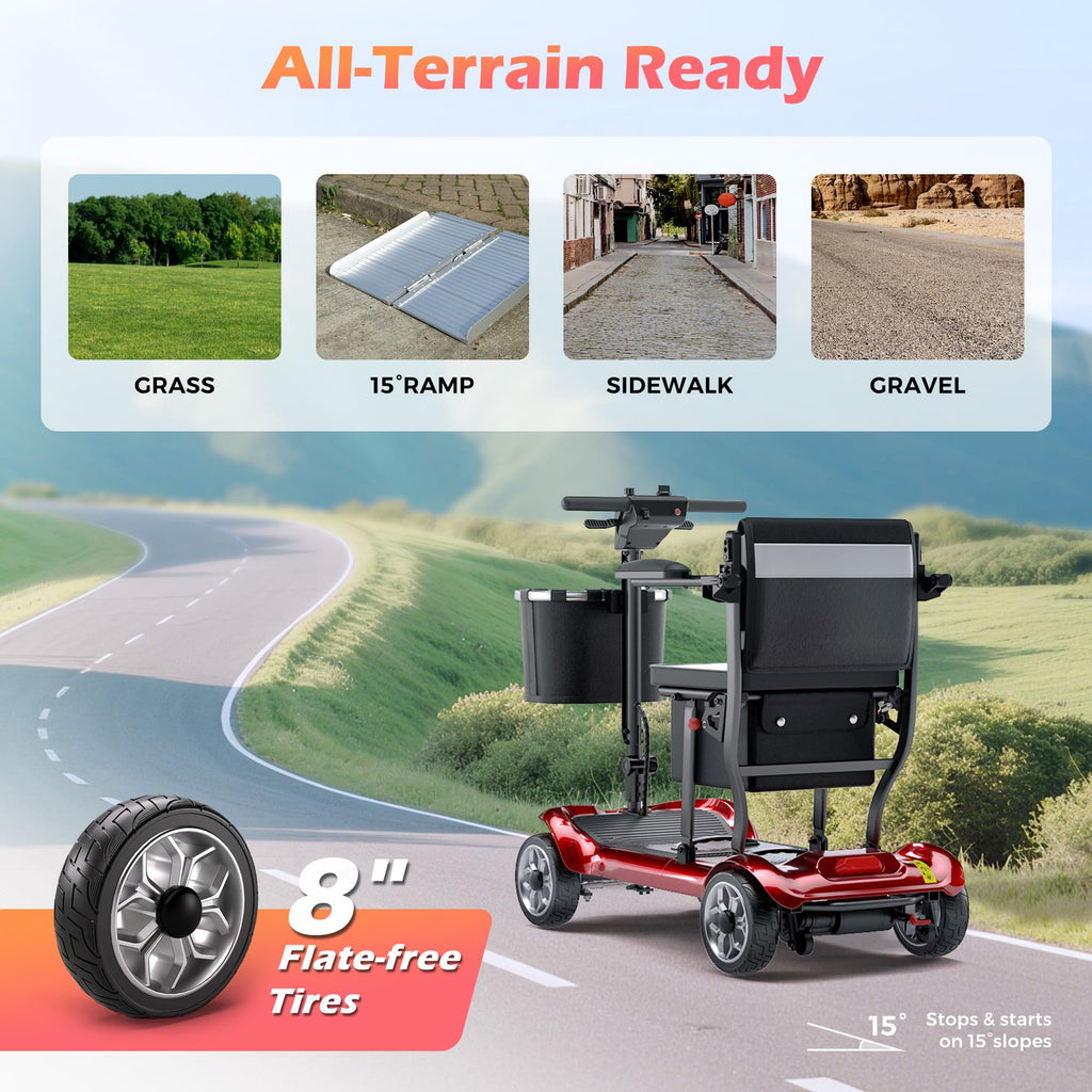 Lightweight Mobility Scooter for Adults & Seniors - Cruise & Airport Approved, 43lb Foldable Portable Motorized Scooters with Removable Lithium Battery for 12.4 Miles Travel, 300lb Capacity, Red