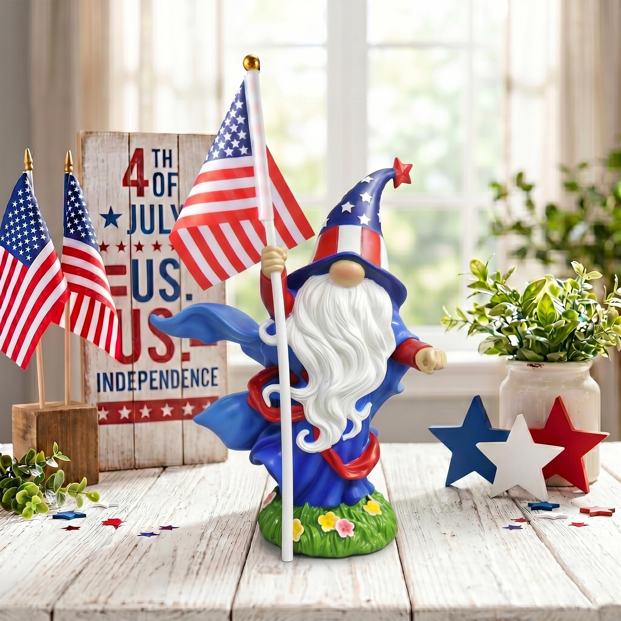 4th of July Decorations Patriotic Gnome Statue Holding American Flag, 250 Years America Faceless Garden Gnome Decor for Indoor Outdoor Patio Yard Lawn, Independence Day Memorial Day USA Merchandise